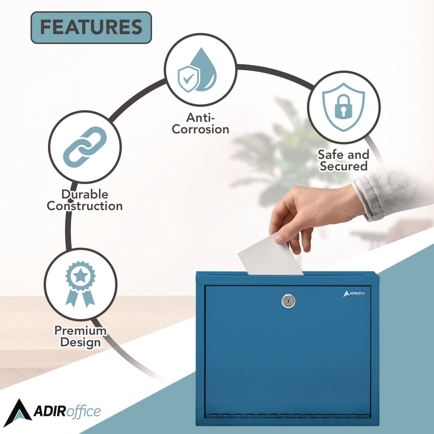 AdirOffice Large Steel Secure Drop Box - 12 x 3 x 10 Inches - Multi-Purpose Locking Mailbox for Office, Home & Business - Durable Blue Document Collection Box for Mail, Packages & Confidential Files