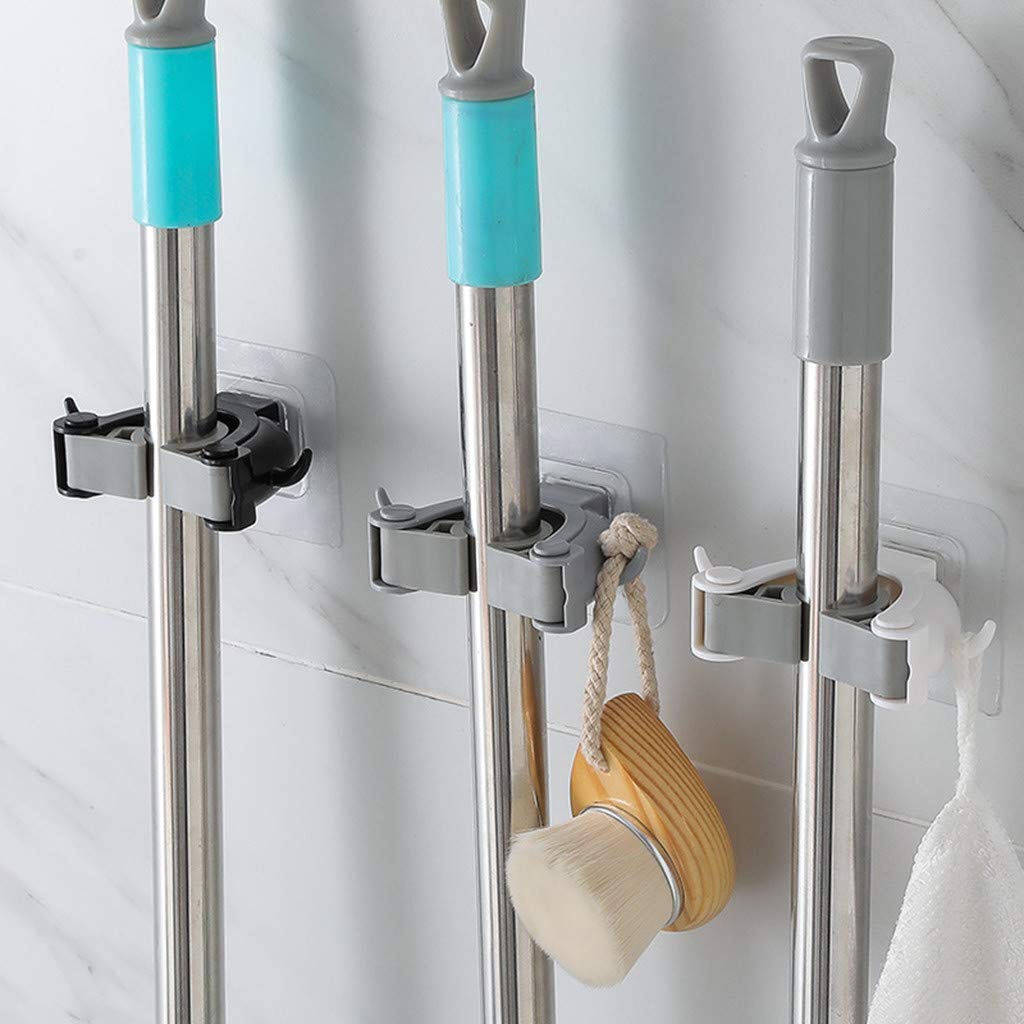 Yu2d Wall Mounted Mop Organizer Holder - Brush & Broom Hanger Storage Rack with 6 Hooks for Kitchen, Bathroom, Garage - White (Space Saving Cleaning Tool Organizer)