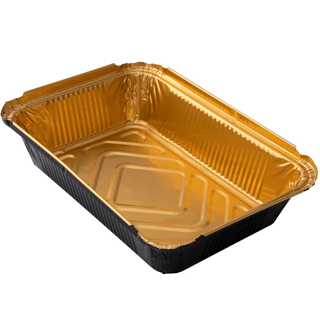 **Restaurantware Foil Lux 41 oz Heavy-Duty Aluminum Takeout Containers - 200 Recyclable Rectangle Black & Gold Foil Pans for Large Meals, Sides, Catering & Freezer Storage**