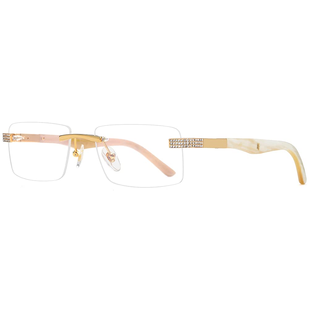 Hepidem 100% Genuine Buffalo Horn Square Rimless Luxury Eyeglasses with Zircon Diamonds - Premium Reading Glasses for Men & Women, Perfect for Office, Driving, and Fashion Accessories