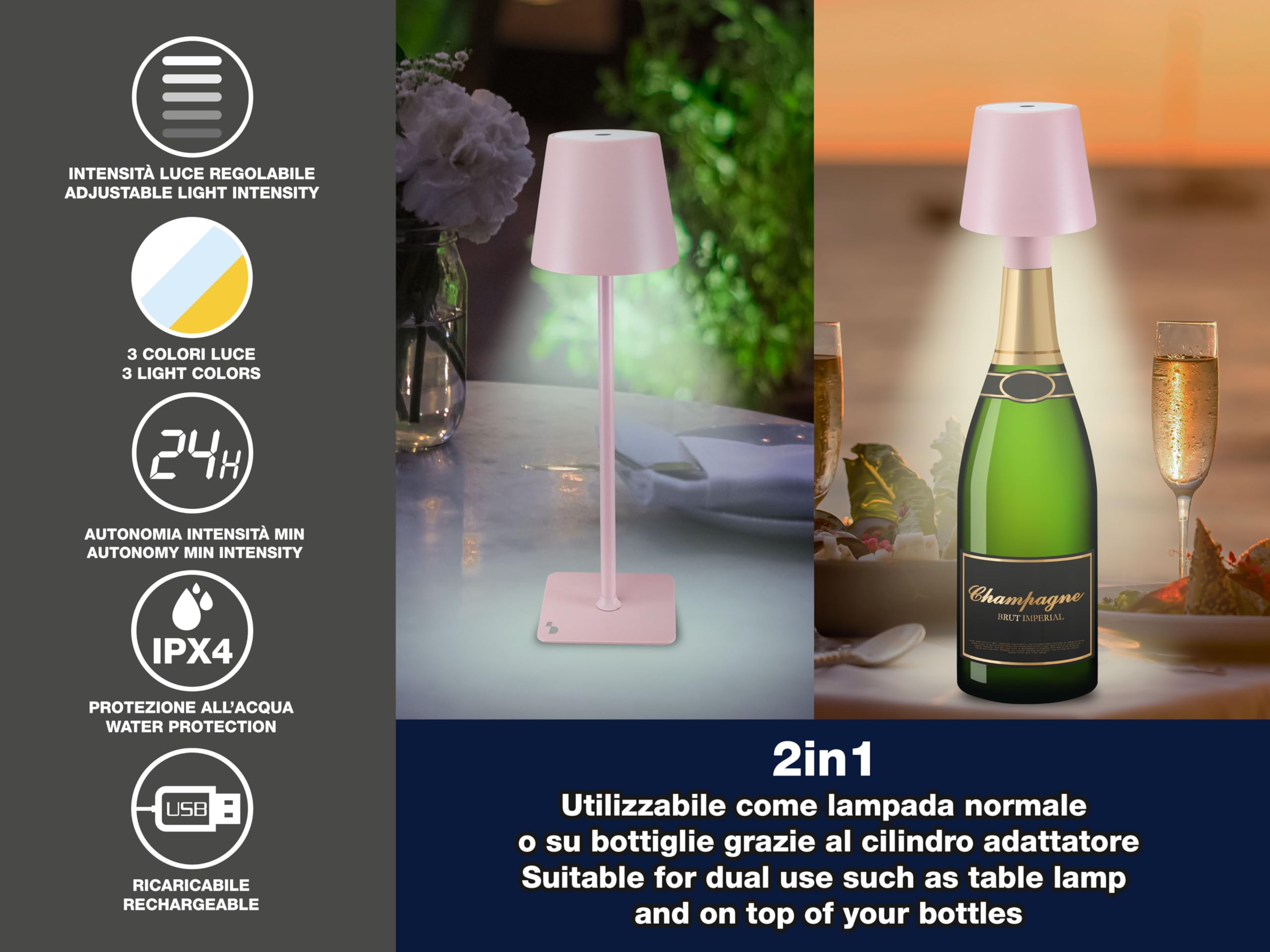 Beper P201UTP125 2-in-1 Wireless Table Lamp with Touch Control - USB Rechargeable LED Desk Lamp, 3W Pink Light for Bedroom, Office, Camping & Outdoor Use