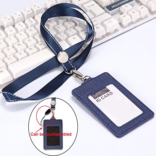 YOUOWO Adjustable Neck Lanyard with PU Leather ID Badge Holder - 2-Sided Vertical Design, 1 Window & 2 Card Slots for Office & Events (Deep Blue)