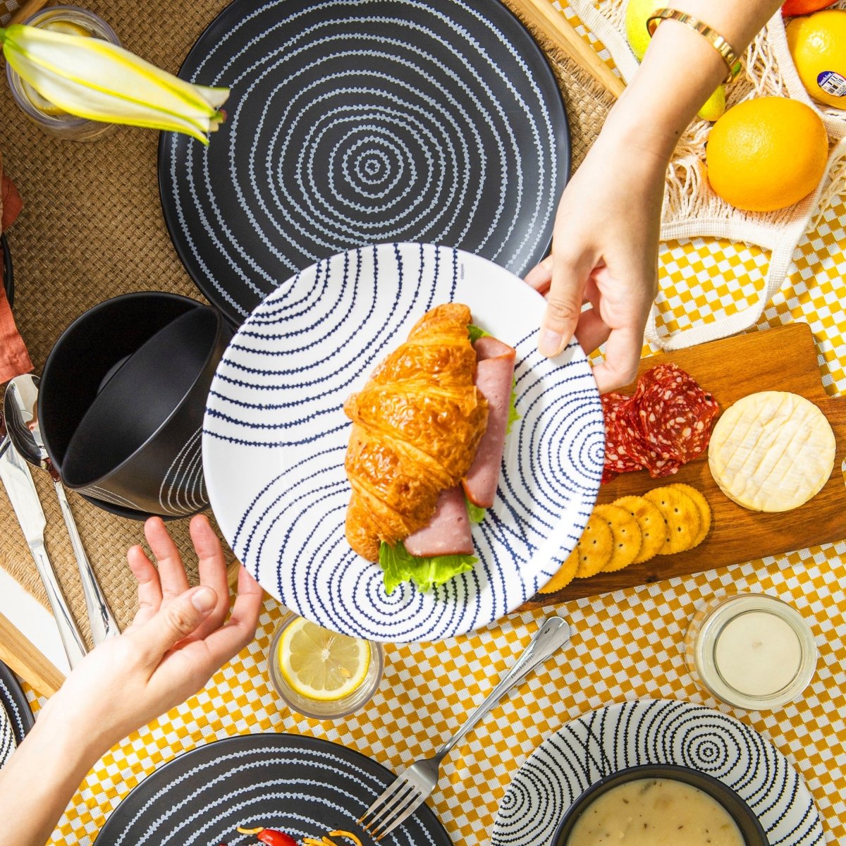 12-Piece Black Planet Melamine Dinnerware Set - Plates & Bowls for Outdoor Picnics, Camping, and Durable Everyday Use