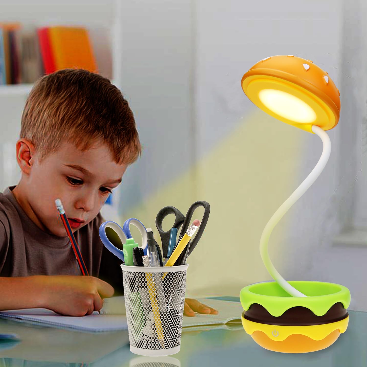 Rechargeable Adjustable Desk Lamp for Kids - Dimmable Touch Control Night Light, Cute Hamburg Table Lamp for Nursery, Boys & Girls Room Decor, Perfect Gift for Children | Study, Reading & Bedtime Use