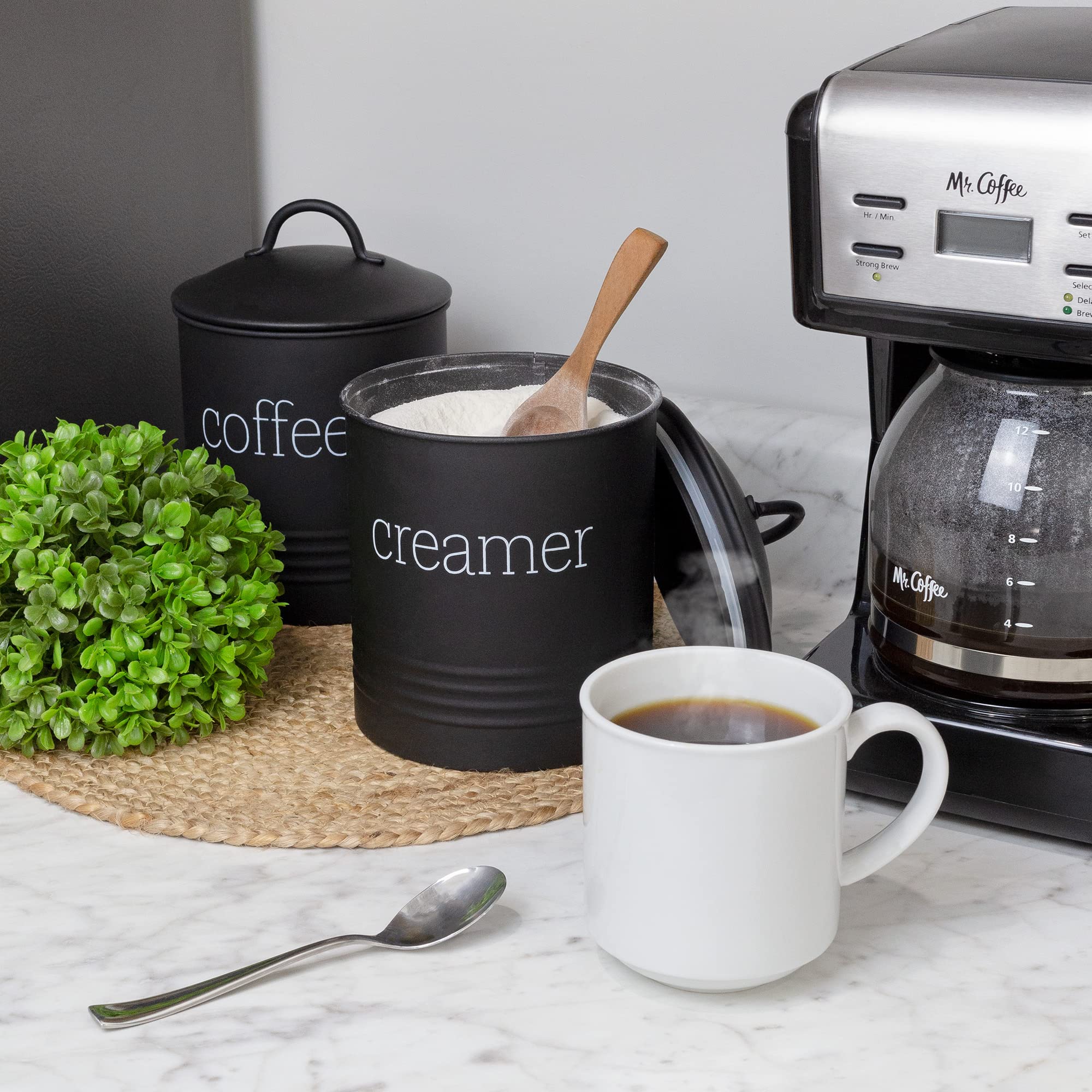 AuldHome Farmhouse Style Metal Creamer Canister - Black Coffee Storage Container for Kitchen Countertop | Perfect for Coffee, Tea, Sugar & Dry Food Organization