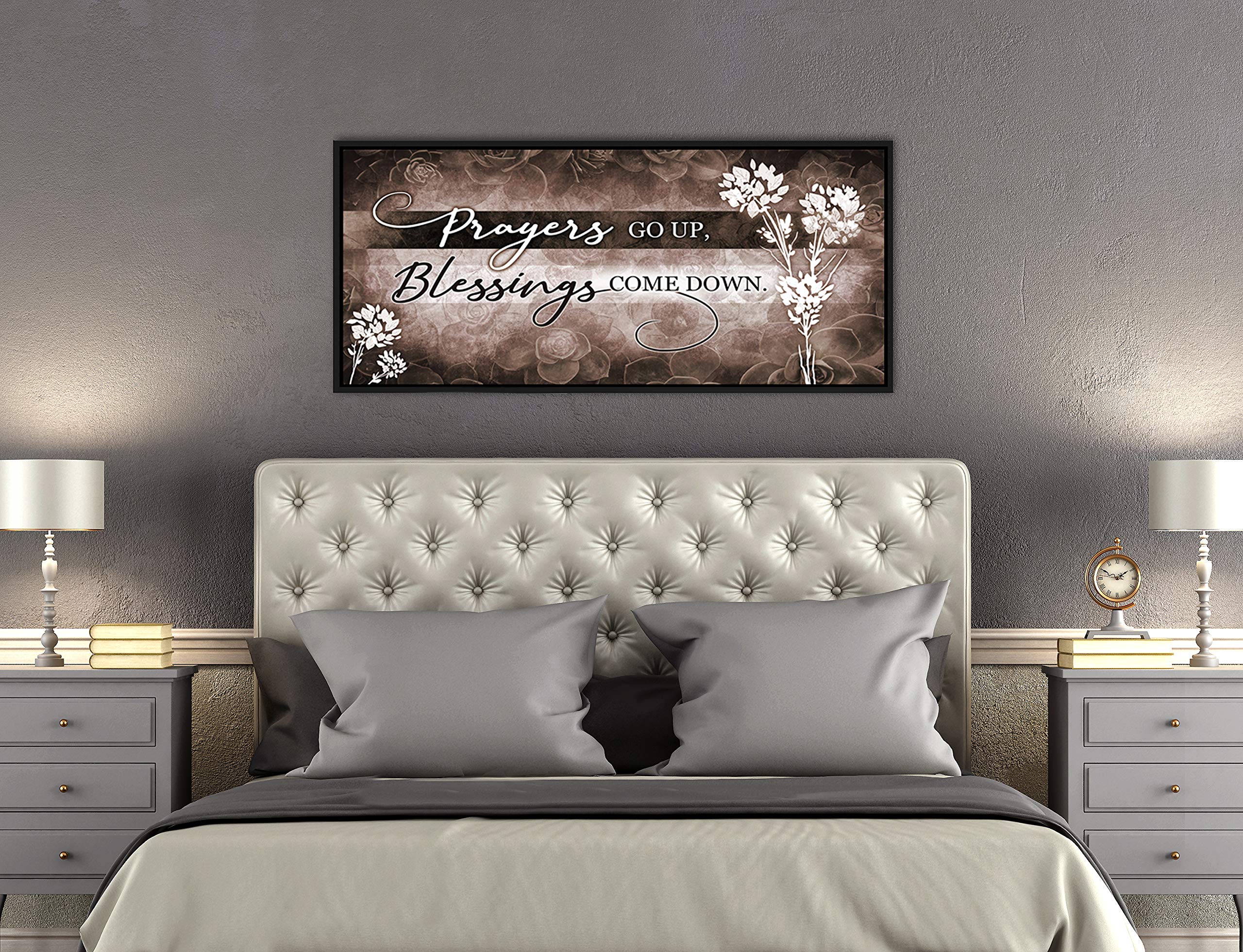 Prayers Go Up V2 Blessed Sign - Religious & Christian Wall Art Decor with Rustic Farmhouse Style - Brown & Black Floating Frame 60x27 - Perfect for Home, Church & Office Inspiration