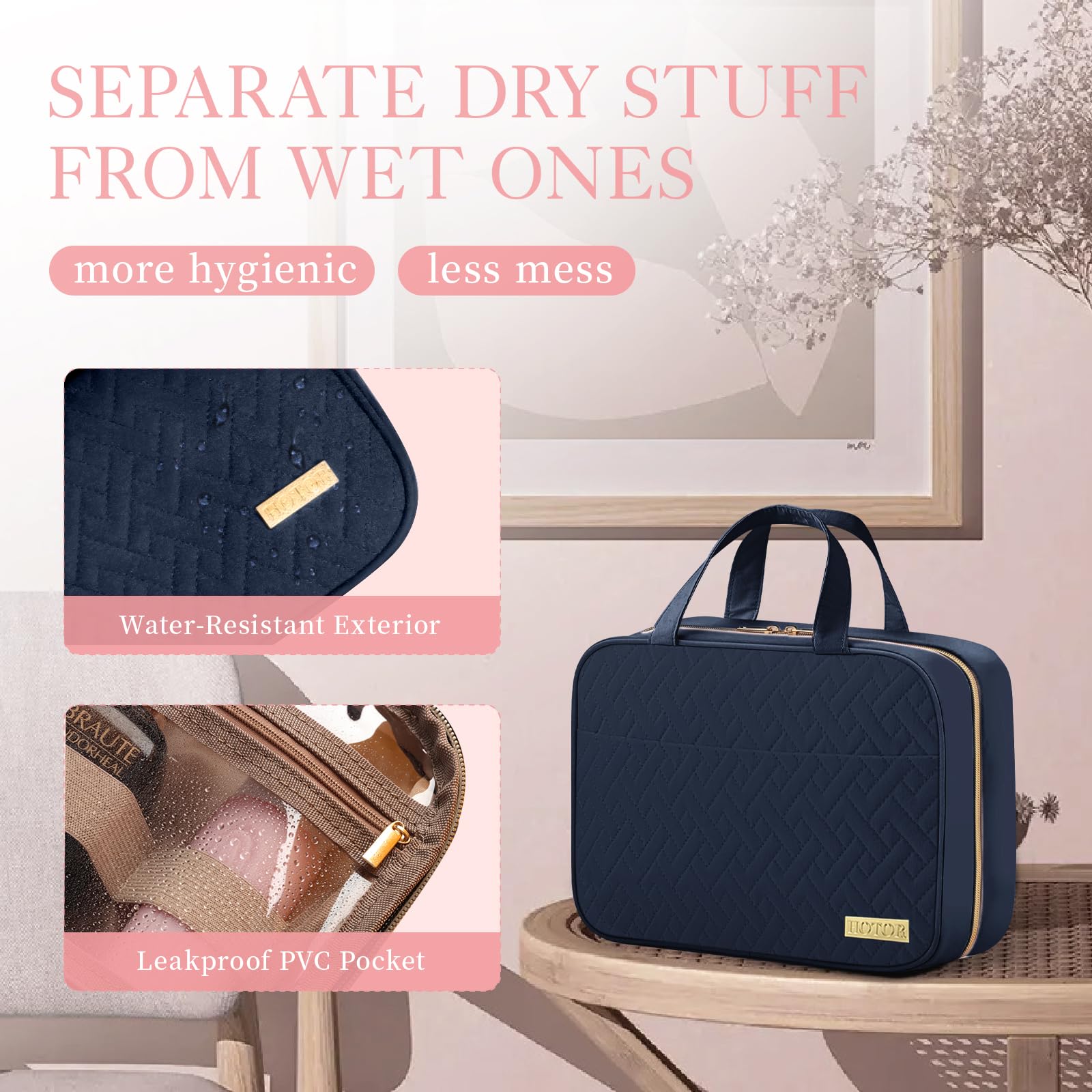 HOTOR Hanging Travel Toiletry Bag for Women & Men - Waterproof Makeup Organizer with Spacious Compartments - Perfect for Cosmetics, Toiletries & Travel Essentials (Medium, Navy Blue) - Ideal for Airplane, Camping & Business Trips