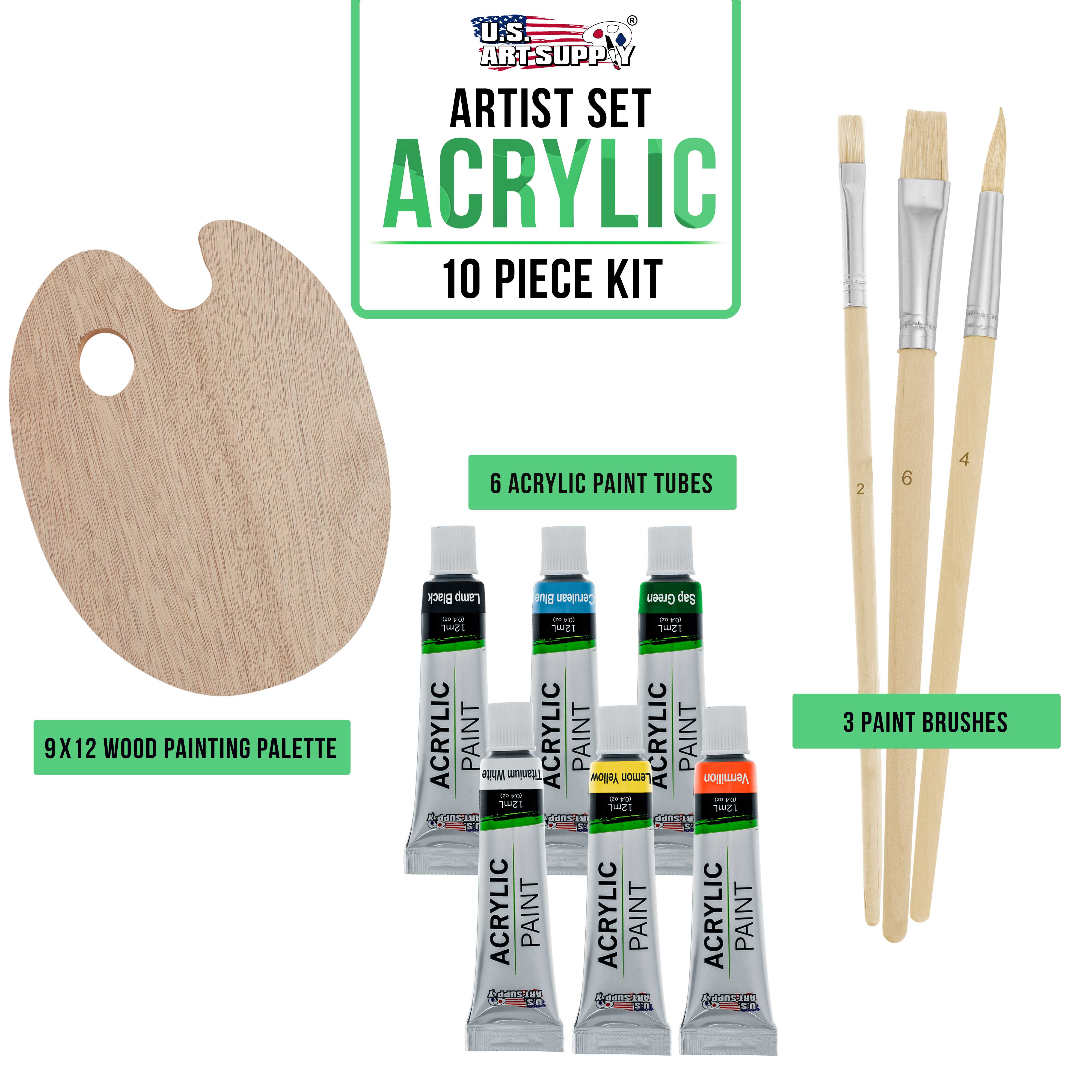 U.S. Art Supply 6-Color Acrylic Painting Set with Wood Palette & 3 Brushes - Perfect for Kids, Students & Beginners | Home, School & DIY Art Projects