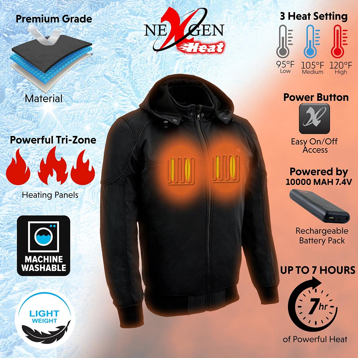 Nexgen Heat Men's MPM1761SET Black Heated Soft Shell Jacket - Winter Warm Electric Heated Jacket for Outdoor Activities, Skiing, Hiking & Cold Weather