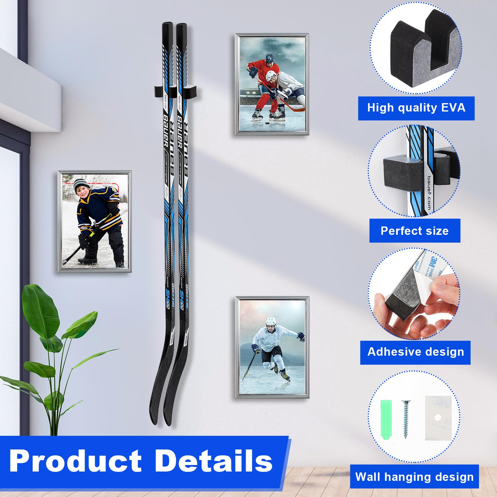 Yousoontic Hockey Stick Holder Wall Mount - Organizer for 1, 2, 3, 4 or 6 Ice Hockey Sticks - Space Saving Storage Solution for Home, Office, Garage or Locker Room - Perfect for Hockey Players and Fans Display