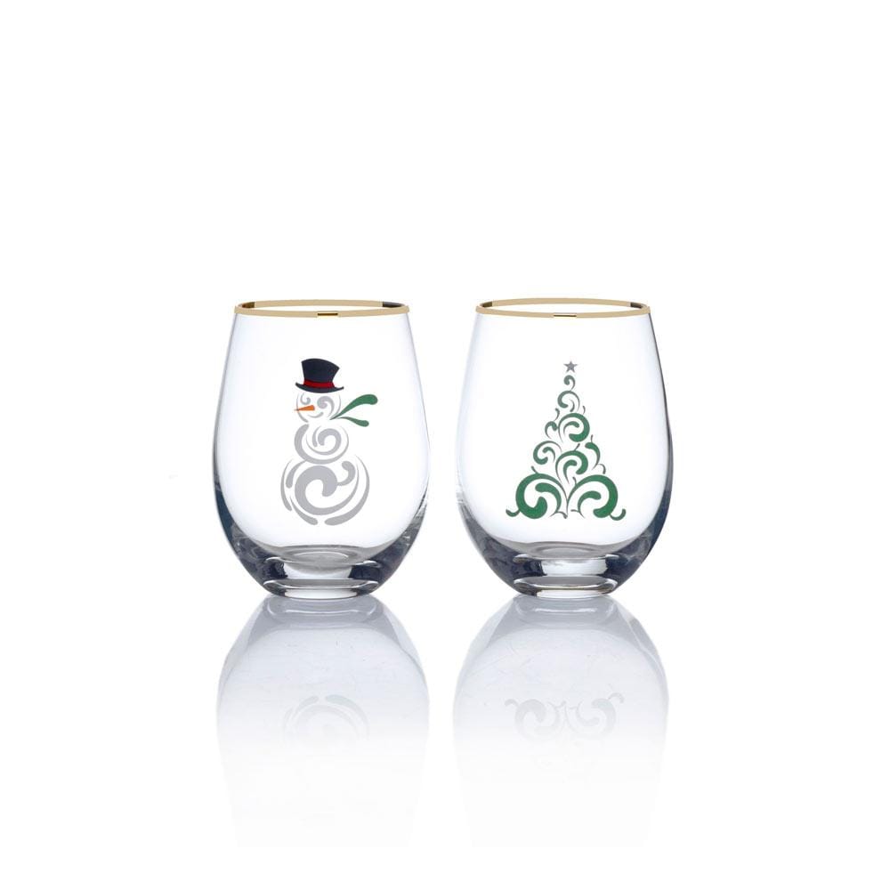 Stemless Wine Glasses Set of 2 - Christmas Tree and Snowman Design for Holiday Parties, Gifts & Home Decor