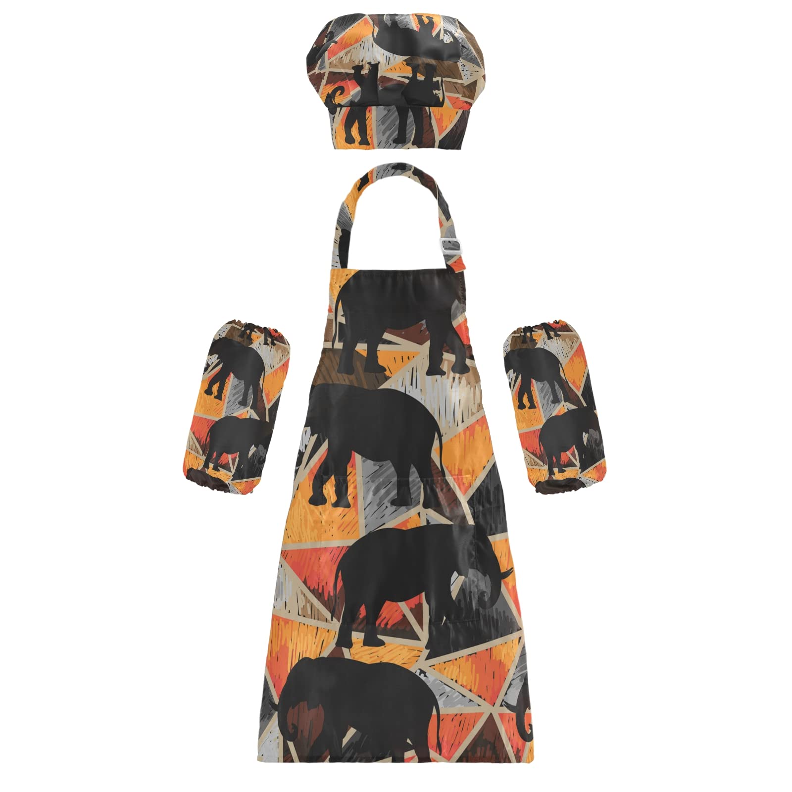 African Elephants Kids Apron Chef Hat Set - Durable Child Cooking Bib for Girls & Boys - Perfect for Kitchen, Baking & Pretend Play Activities