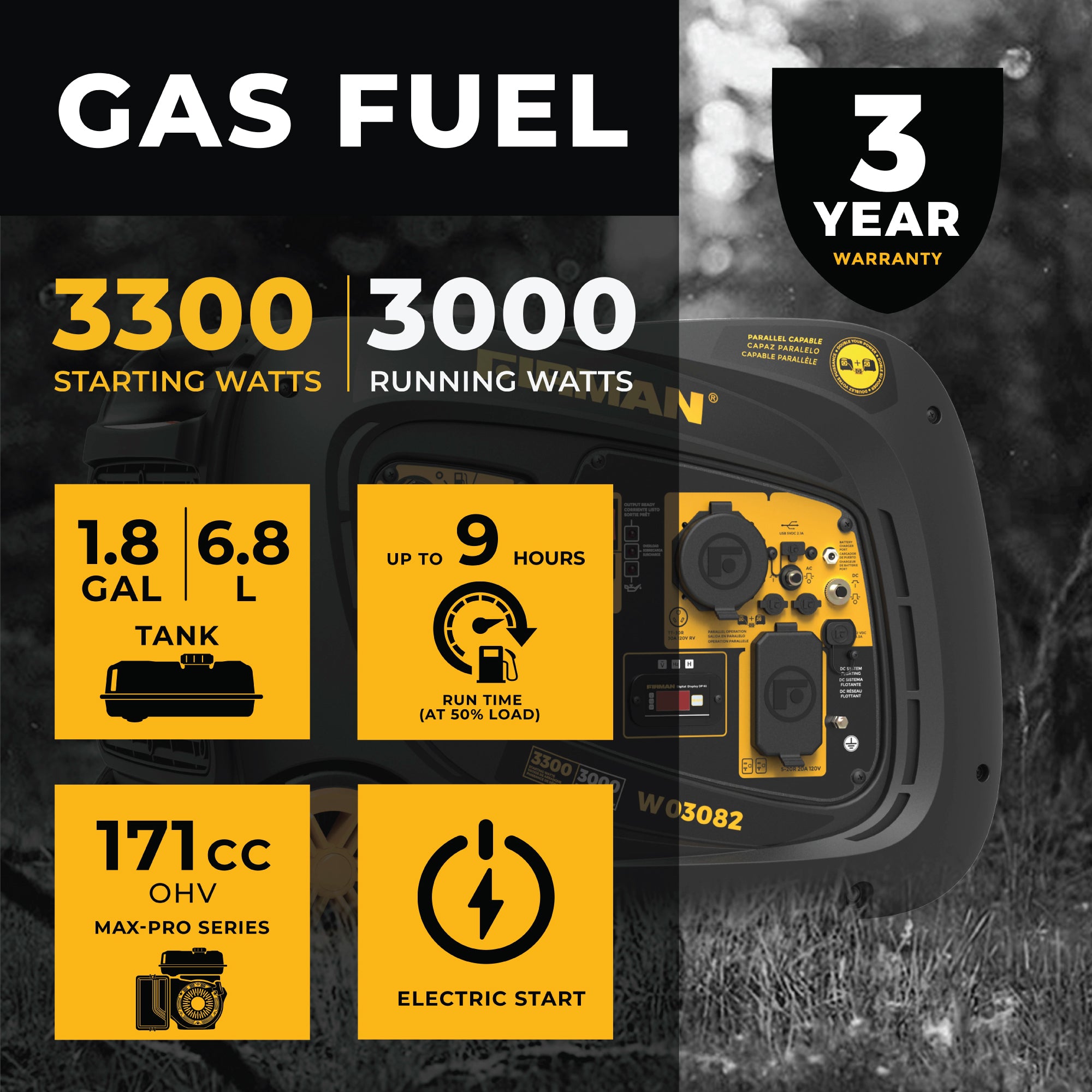 3300W Portable Inverter Generator with Electric Start - Quiet, Reliable Power for Camping, RV Trips & Emergency Backup