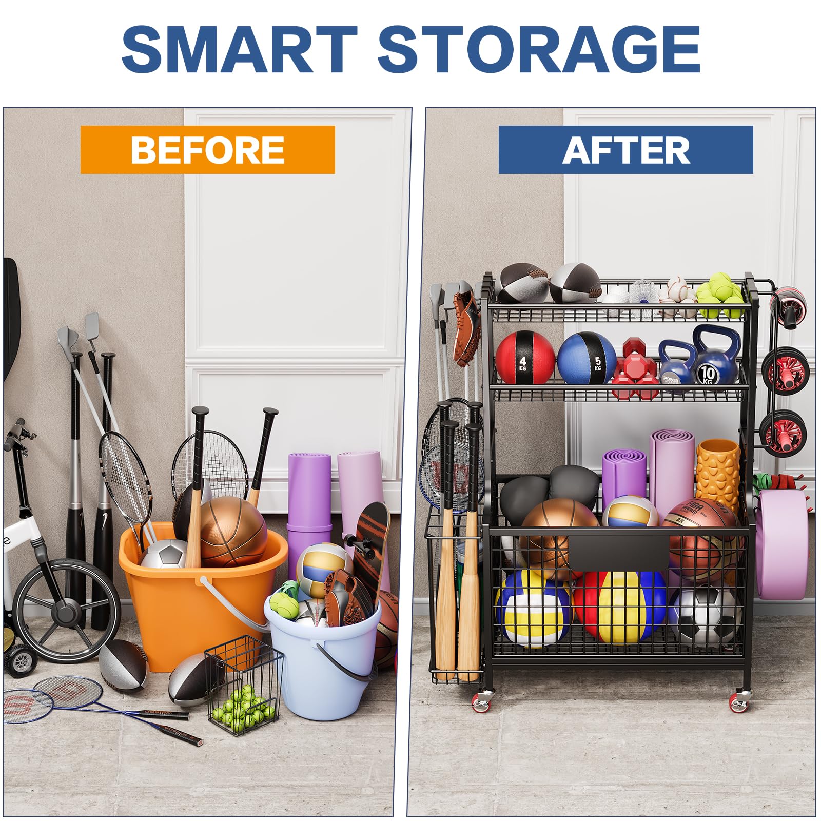 Heavy Duty Garage Storage Rack for Sports Equipment - Rolling Ball Organizer with Wheels, Hooks & Baskets - Golf Bag Stand, Basketball & Football Holder - Perfect for Indoor/Outdoor Use in Garages, Basements & Playrooms