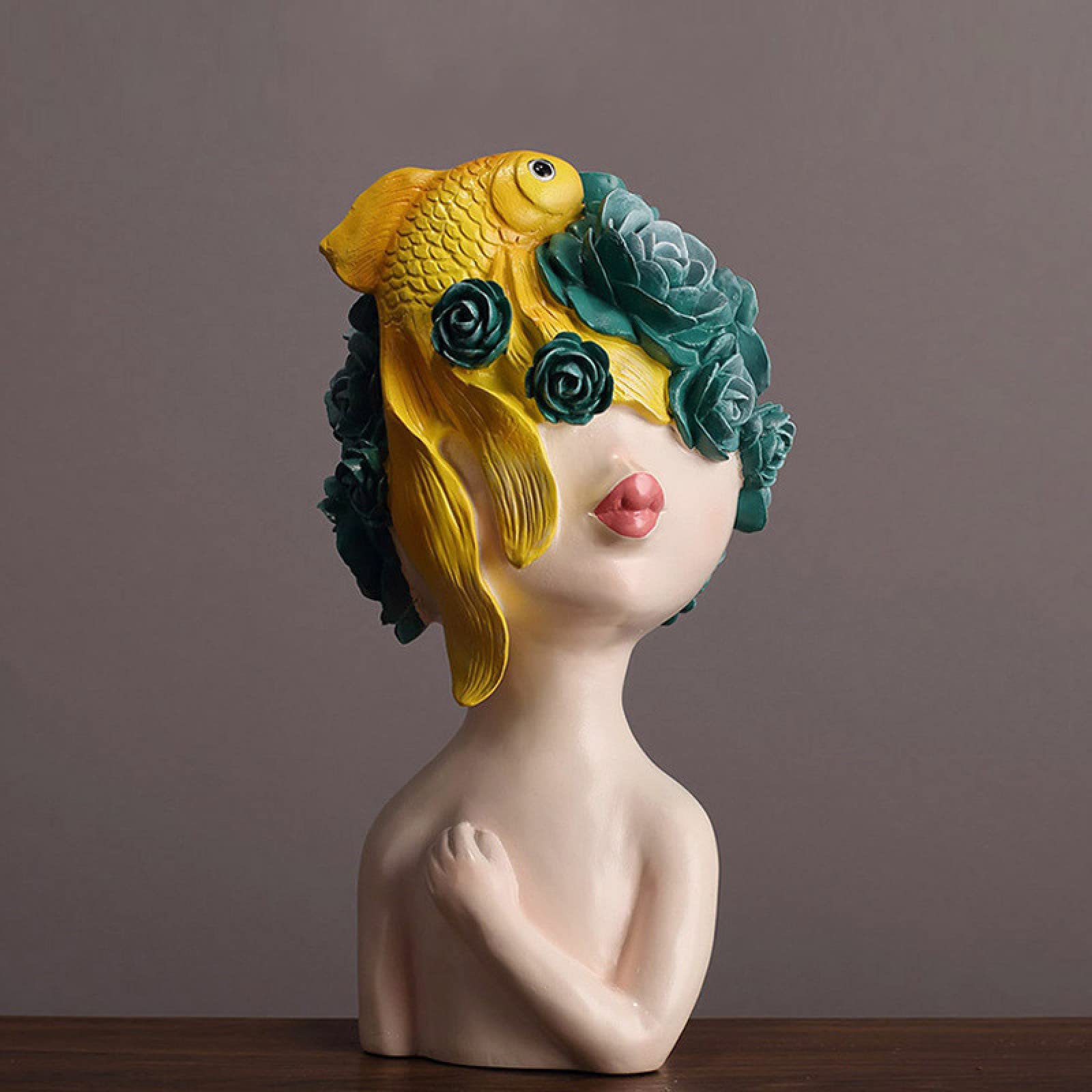 Nordic Style Resin Sculpture - Girl Bust with Peony & Fish, Home Office Bookshelf Decor, Wine Cabinet Ornament for Living Room, Bedroom, Shop - Perfect Gift for Housewarming & Interior Design