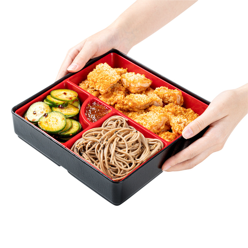 Japanese Style Bento Box - Square Black & Red 4-Compartment Lunch Box (8.25