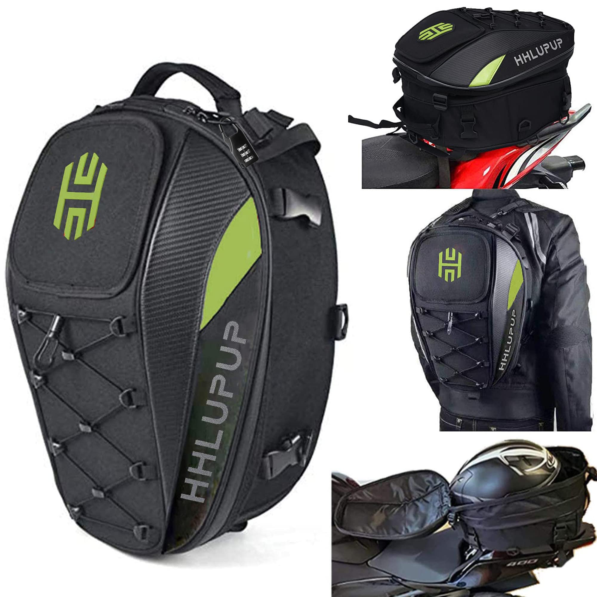 Waterproof Motorcycle Tail Bag & Helmet Storage with Password Lock - 38L Large Capacity Motorbike Luggage Backpack for Travel & Commuting (Green) - Perfect for Road Trips, Daily Rides & Secure Gear Storage