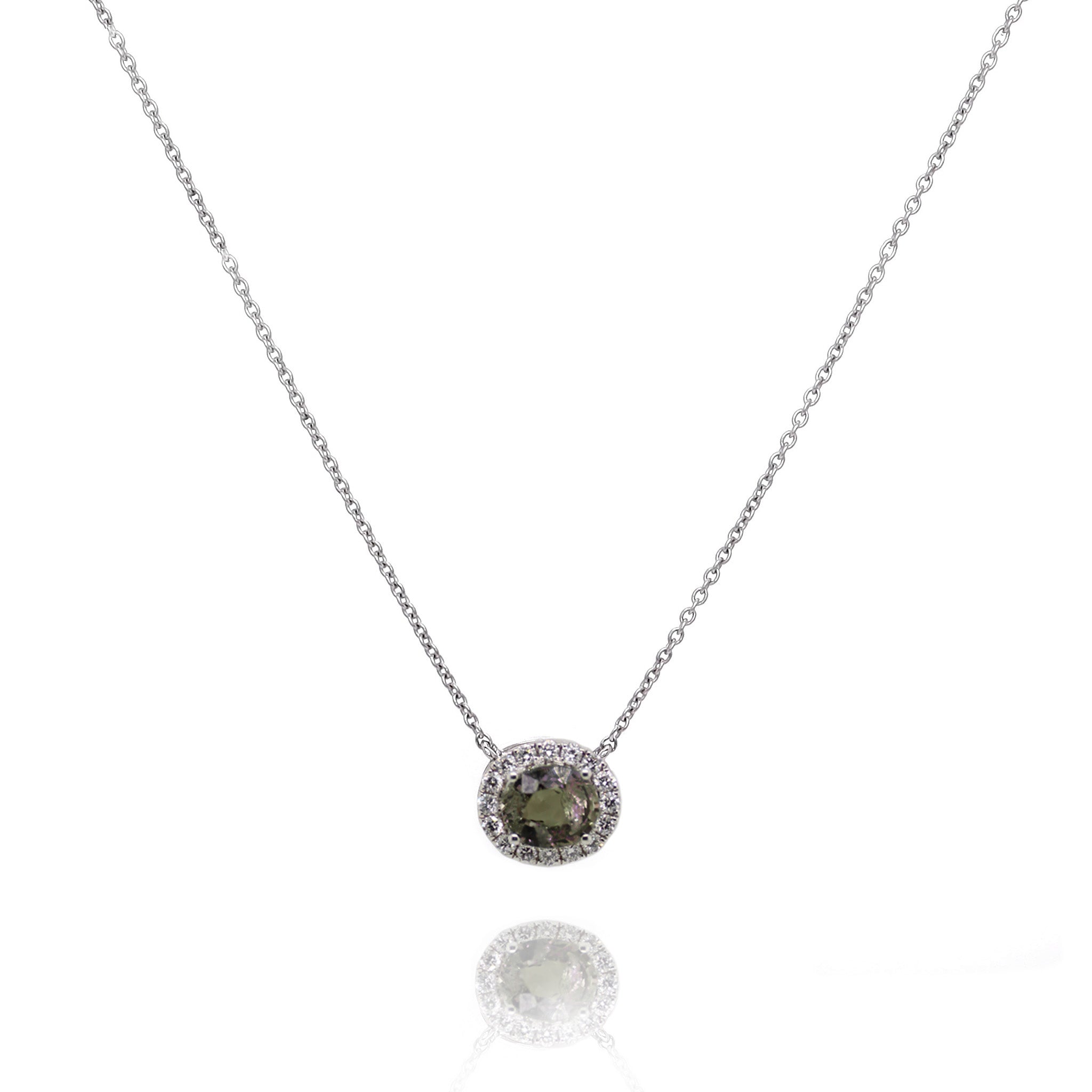 14K White Gold Oval Alexandrite & Diamond Halo Pendant Necklace for Women | Elegant Jewelry Gift for Anniversary, Birthday & Special Occasions