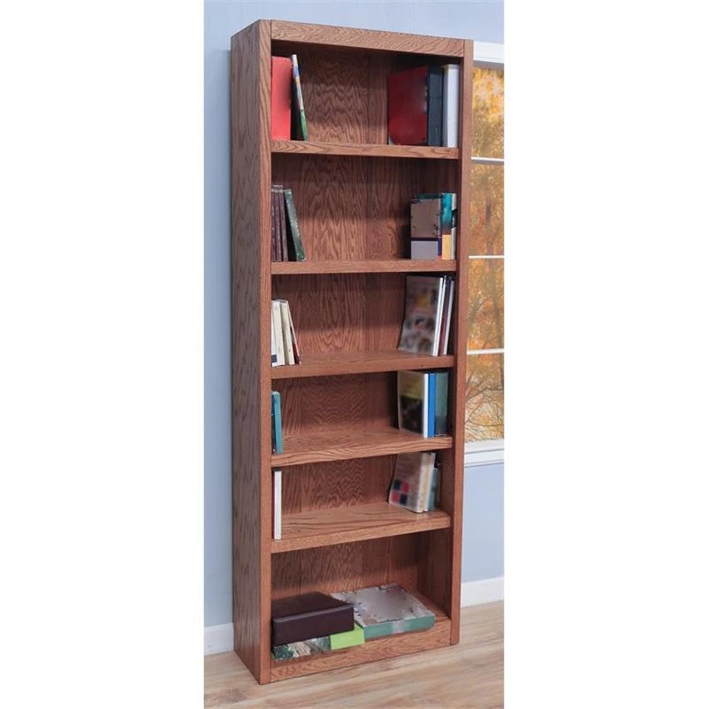 BOWERY HILL 84 Inch Traditional Wood Bookcase with 4 Adjustable & 2 Fixed Shelves - Easy Assembly Home Office Bookshelf in Dry Oak Finish - Perfect for Living Room, Study, Library & Office Organization