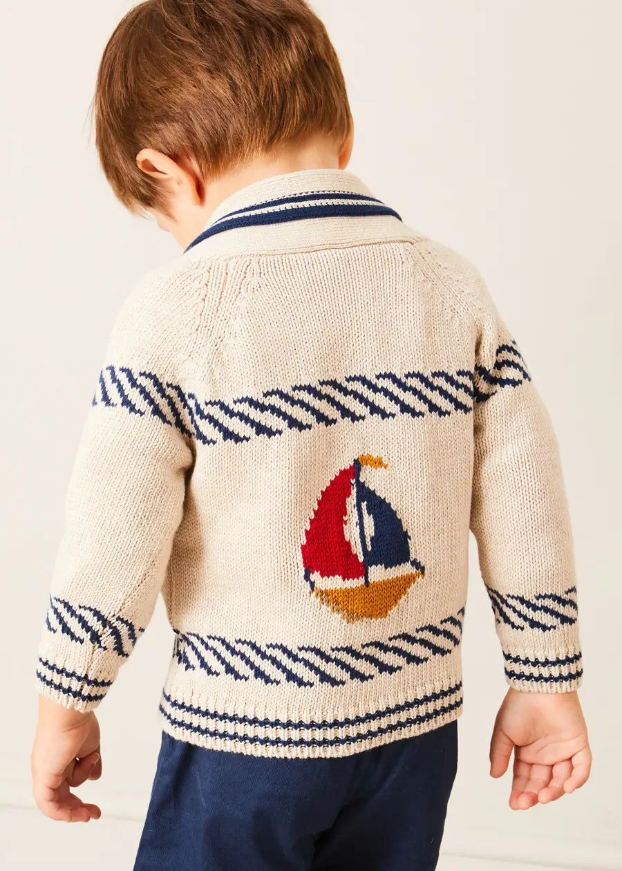 Stylish Beige Nautical Cardigan with Boat Motif Shawl Neck for Kids (Ages 2-10) - Perfect for School, Parties & Family Outings