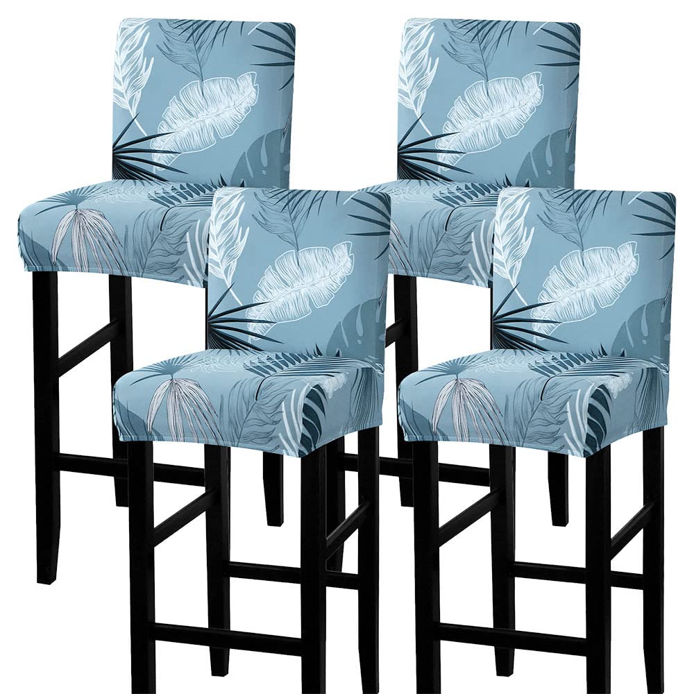 Stretch Washable Bar Stool Covers Set of 4 - Counter Height Kitchen Dining Chair Slipcovers - Blue Foliage Design for Home, Cafe & Restaurant Decor