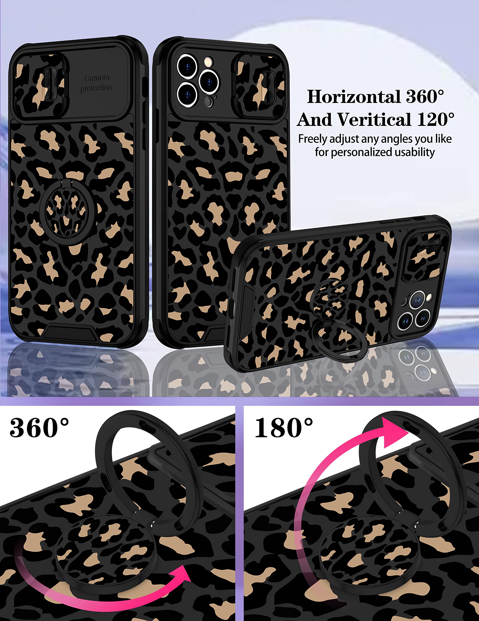 Goocrux 2in1 Luxury iPhone 12 Pro Max Case for Women - Black Cheetah Print with Slide Camera Cover & Ring Holder | Cute Animal Pattern Phone Cover for 6.7
