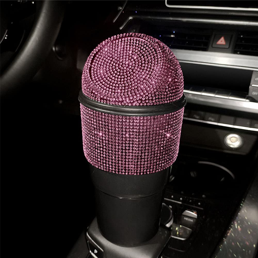 Bling Rhinestone Car Garbage Can with Lid - Mini Trash Bin for Automotive, Home, Office, Kitchen, Bedroom - Perfect for Cars, Desks, and Countertops (Pink)