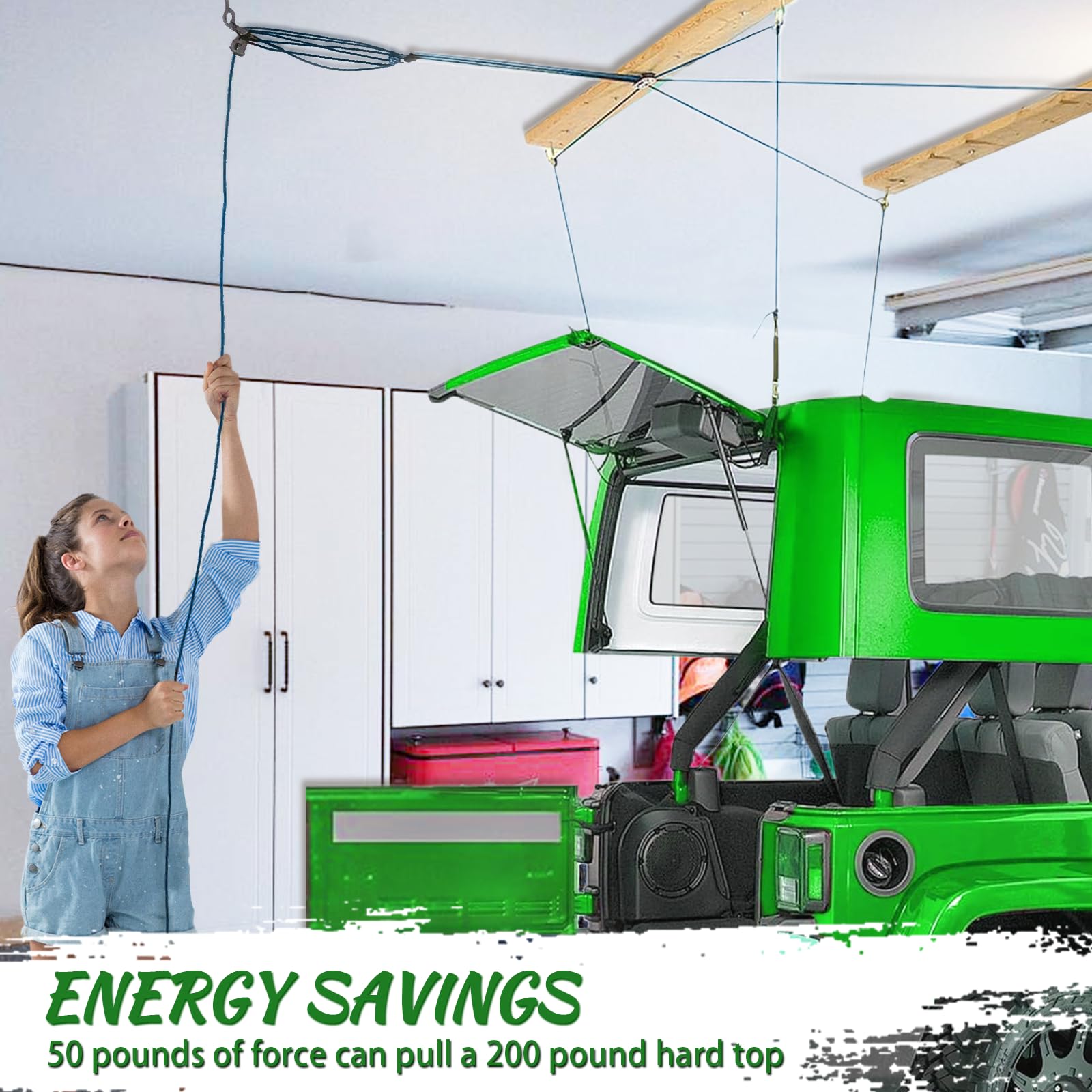 Jeep Wrangler Hard Top Removal Lift - Single Person Roof Hoist for JL & JK Models | Ford Compatible | Anti-Drop Safety System | 8-16 ft Ceiling Support | Includes 6 T Knobs | Perfect for Garage Storage & Off-Road Enthusiasts