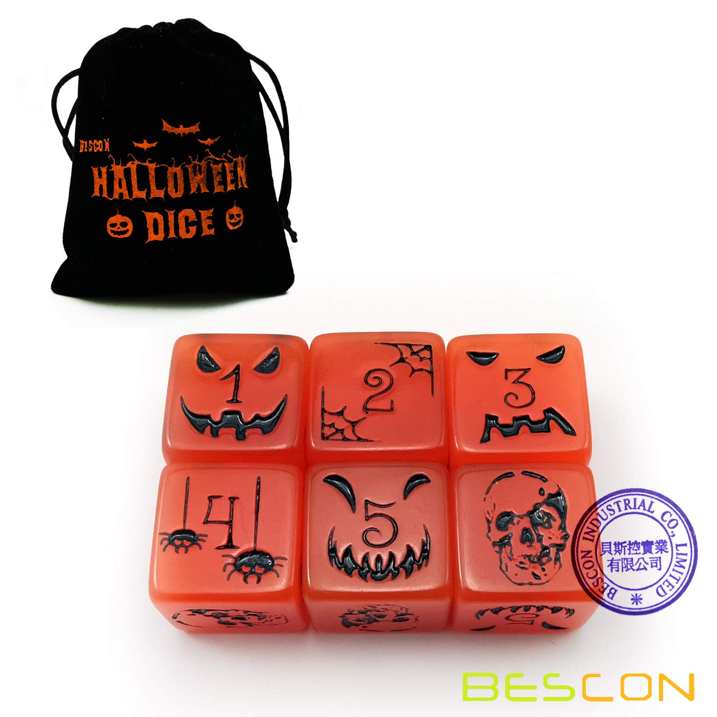 Bescon Glow in the Dark Halloween Dice Set - 6 Orange Luminous D6 Dice with Velvet Pouch for Tabletop RPG, Dungeons & Dragons, Board Games & Halloween Party Decorations