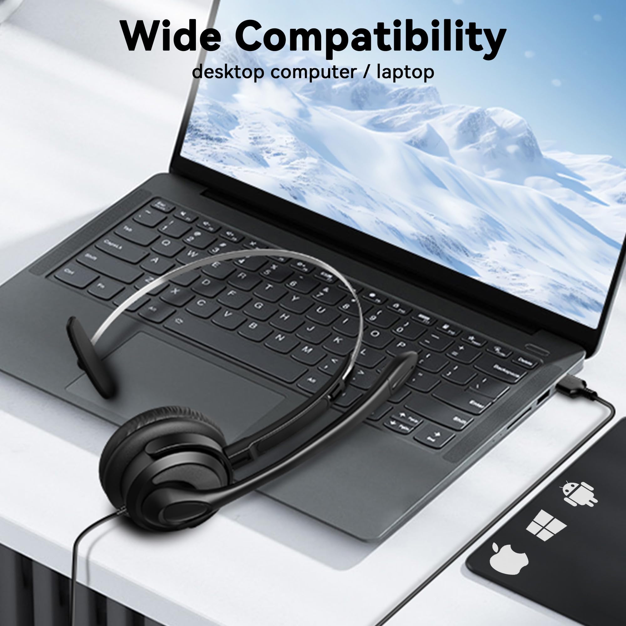 Noise Cancelling USB Headset with Microphone for PC & Laptop - Wired On-Ear Office Headphones with In-Line Volume Control - Ideal for Call Centers, Online Classes, Zoom Meetings, Skype Calls & Remote Work