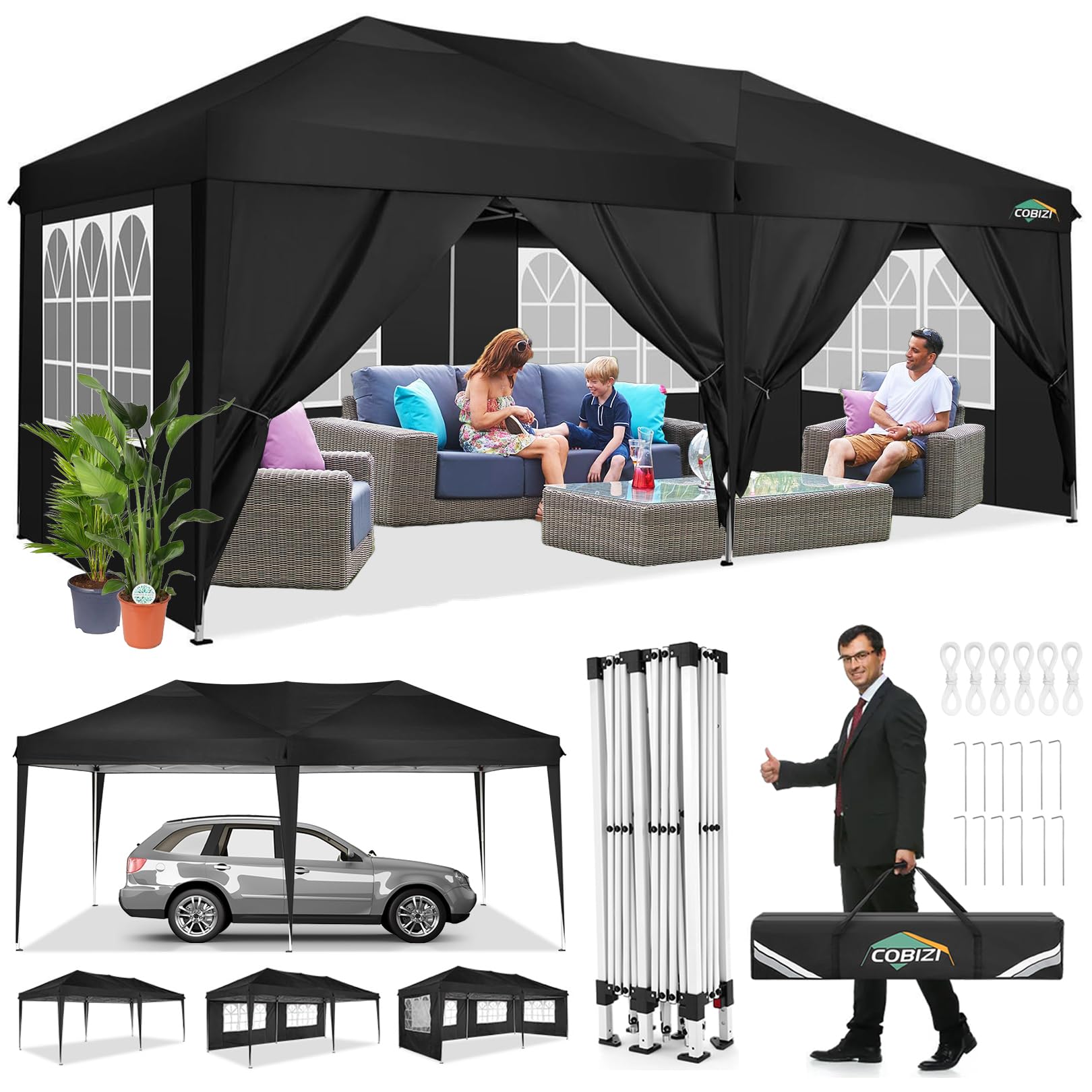 COBIZI 10x20 Pop Up Canopy Tent with Removable Sidewalls - Waterproof Commercial Instant Shelter, Outdoor Gazebo & Party Tent - Portable Canopy with Carry Bag (Black, 10'x20') - Perfect for Outdoor Events, Farmers Markets, Beach Parties & Tailgating
