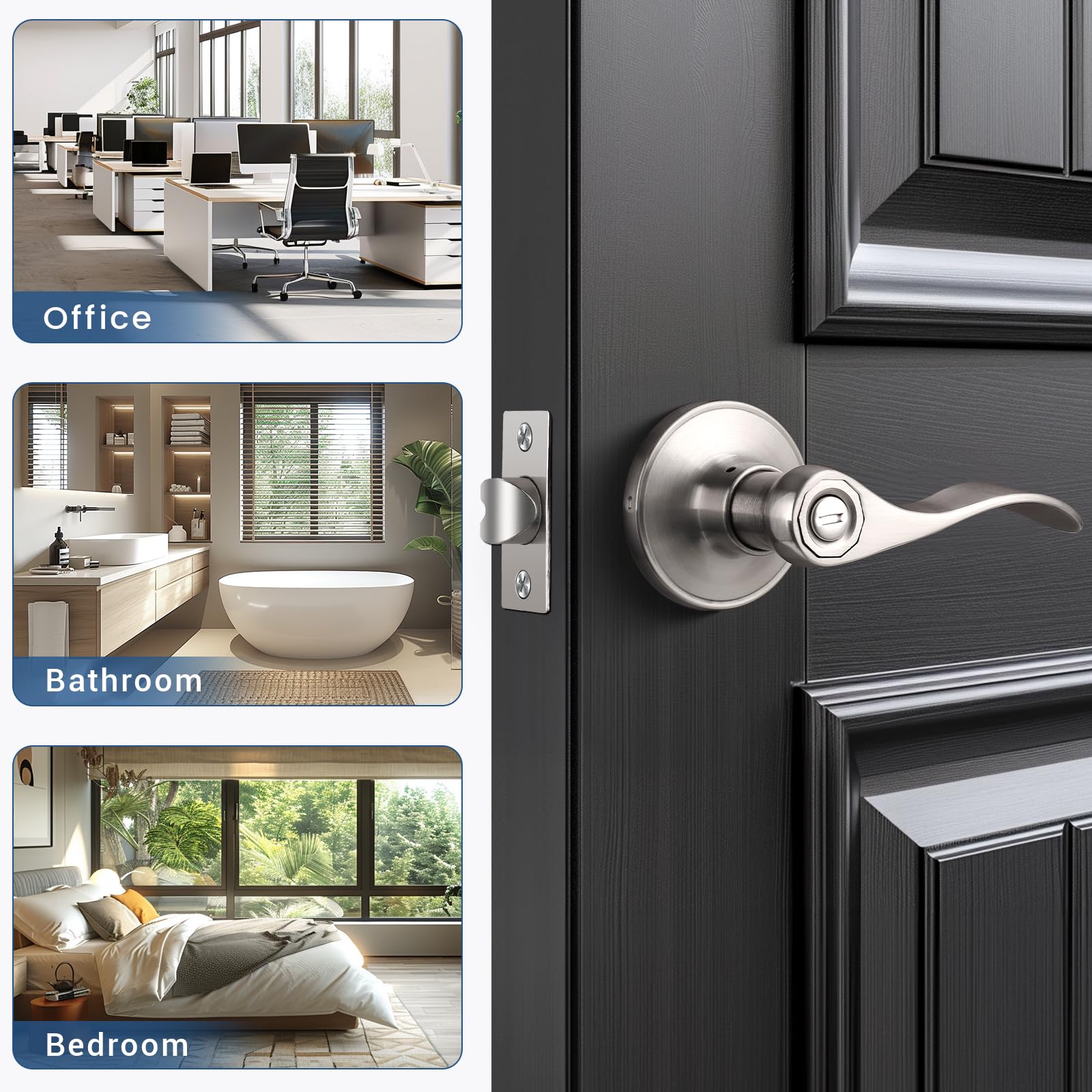 15 Pack Wave Style Door Handle - Brushed Nickel Finish for Bedroom & Bathroom - Keyless Entry - Right or Left Handed - Perfect for Home, Office, and Commercial Spaces