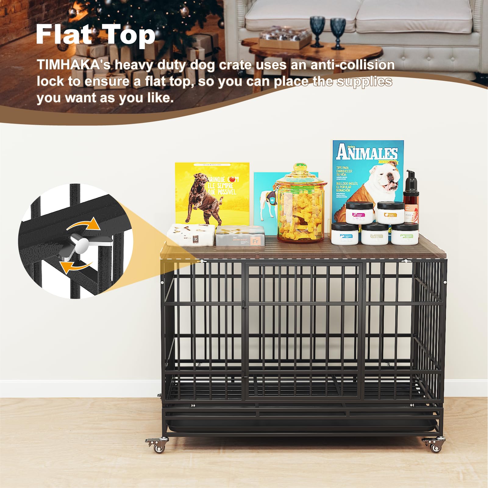 48 Inch Heavy Duty Dog Crate for Large Dogs - Escape Proof Steel Dog Cage with Self-Locking Latch & 4 Lockable Wheels - Indoor Dog Kennel for High Anxiety Pets - Easy to Clean Black Pet Crate - Perfect for Home, Travel, and Vet Visits