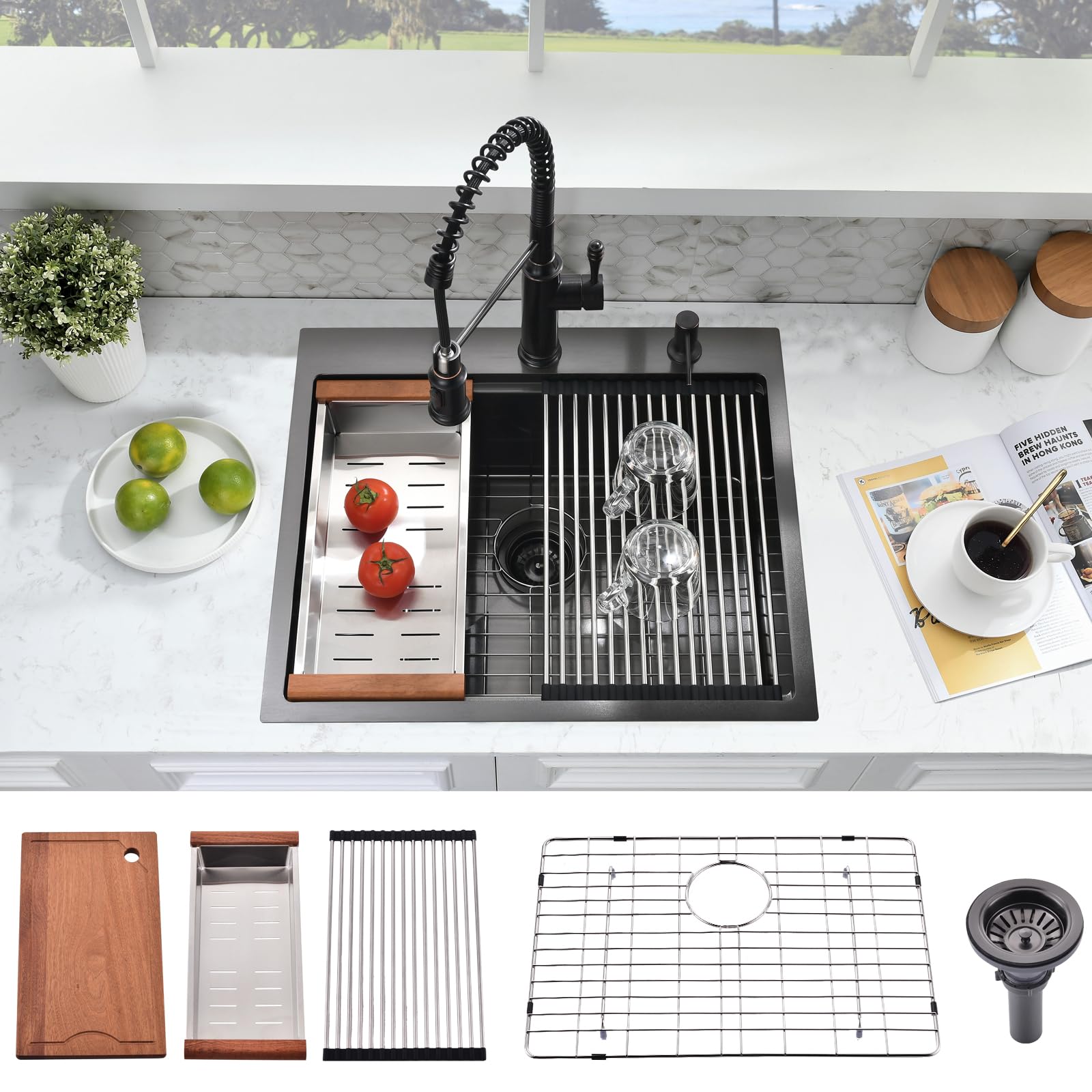 25x22 Inch Drop-In Kitchen Sink - 16 Gauge Gunmetal Black Stainless Steel Single Bowl Top Mount Sink, 10 Inch Deep Workstation Sink for Modern Kitchens | Perfect for Food Prep, Dishwashing & Entertaining