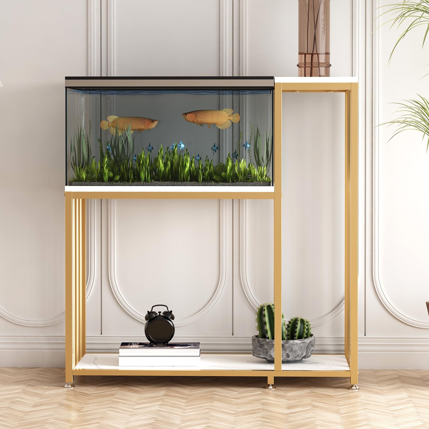 29 Gallon Fish Tank Stand - Sturdy Metal Aquarium Stand with Storage Shelves for Fish Tank Accessories, Reptile & Turtle Terrariums - Gold Finish for Home & Office Use | Perfect for Living Room, Bedroom Decor & Pet Habitat Setup