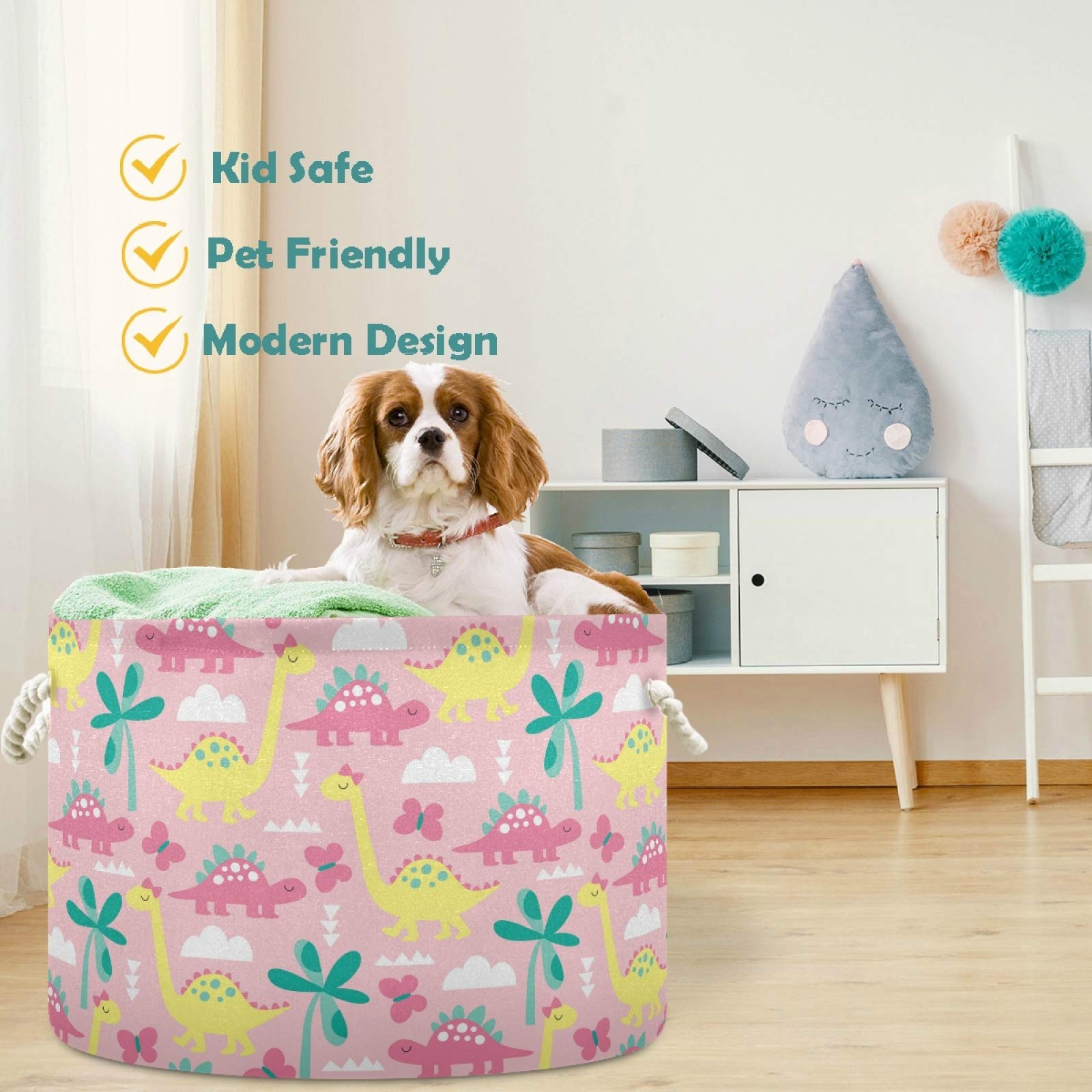 Visesunny Collapsible Large Capacity Storage Basket - Durable Cotton Handles for Clothes, Toys, Laundry (Yellow, Pink, Dinosaur & Butterfly Patterns) | Perfect for Home Organization in Bathroom, Bedroom, Nursery & Closet