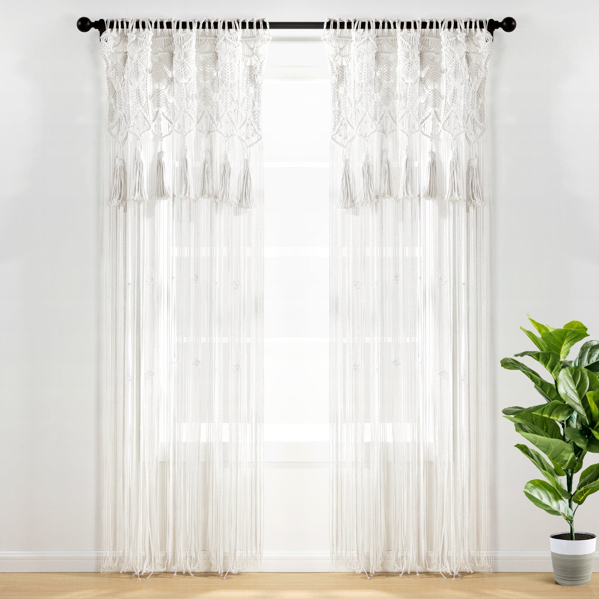 Boho Macrame Tassel Cotton Window Curtains for Living Room, Bedroom - Handmade Bohemian Sheer Drapes with Tassel Trim - Perfect for Home Decor, Nursery & Cozy Spaces
