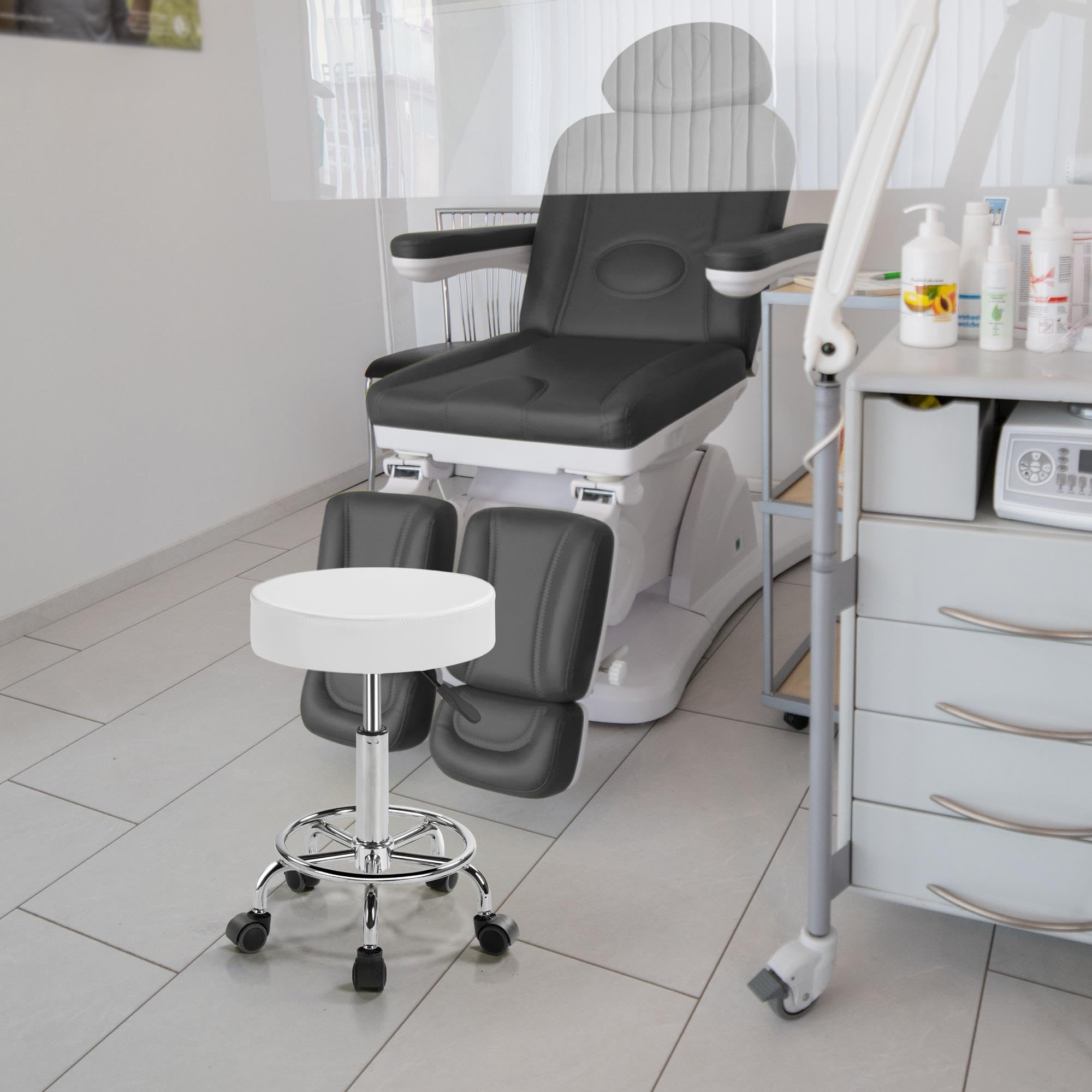 Topeakmart Adjustable Rolling Stool with Footrest - Swivel Spa Chair for Tattoo, Massage, Office & Beauty Salon - PU Leather Drafting Stool with Height Adjustment (White) - Perfect for Tattoo Artists, Hair Stylists, and Salon Professionals