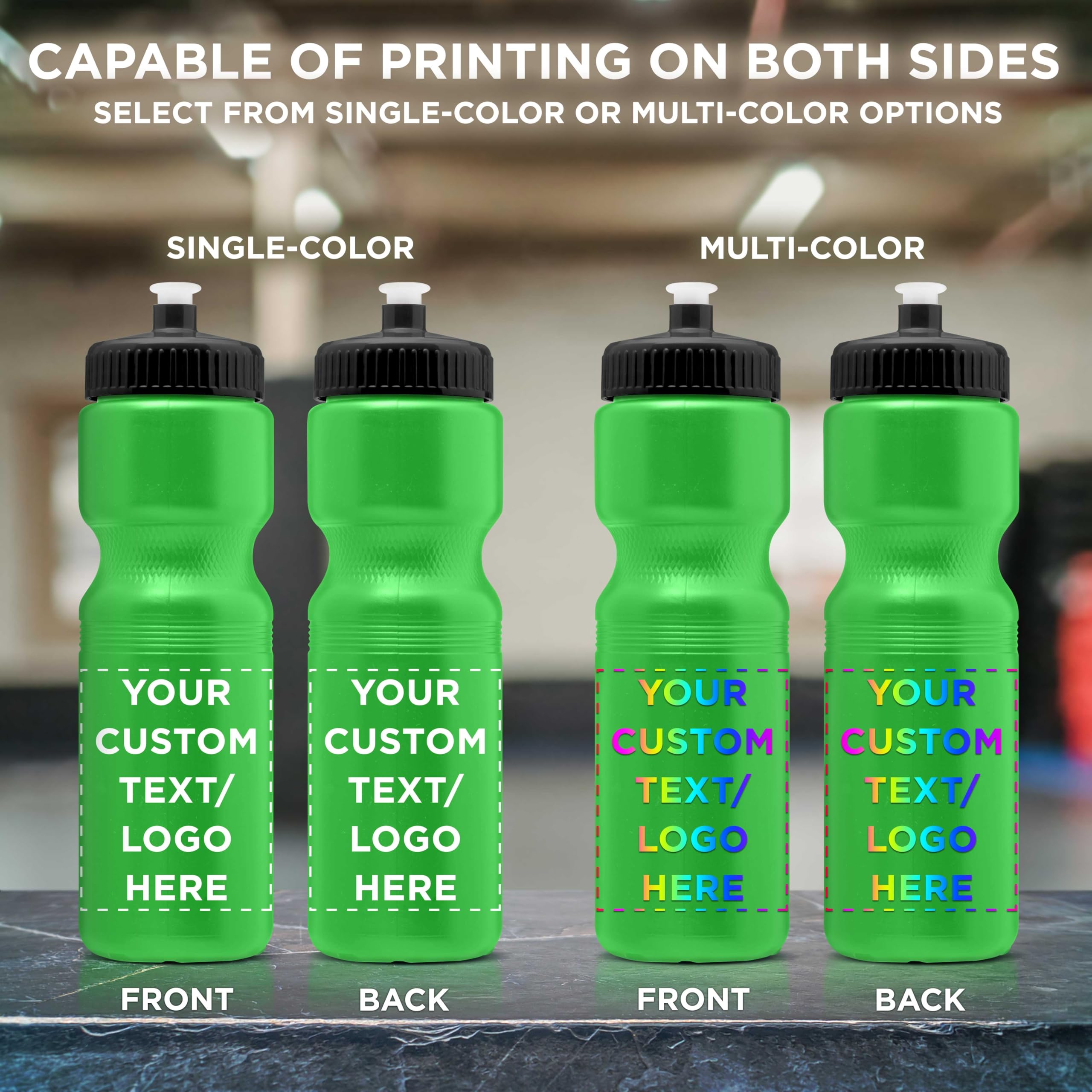 28 oz Custom Push Cap Plastic Water Bottles - Bulk Pack of 50 - Personalized Neon Green Water Bottles for Gym, Hiking, Camping & Outdoor Sports - Ideal for Team Events, Corporate Gifts & Promotional Giveaways