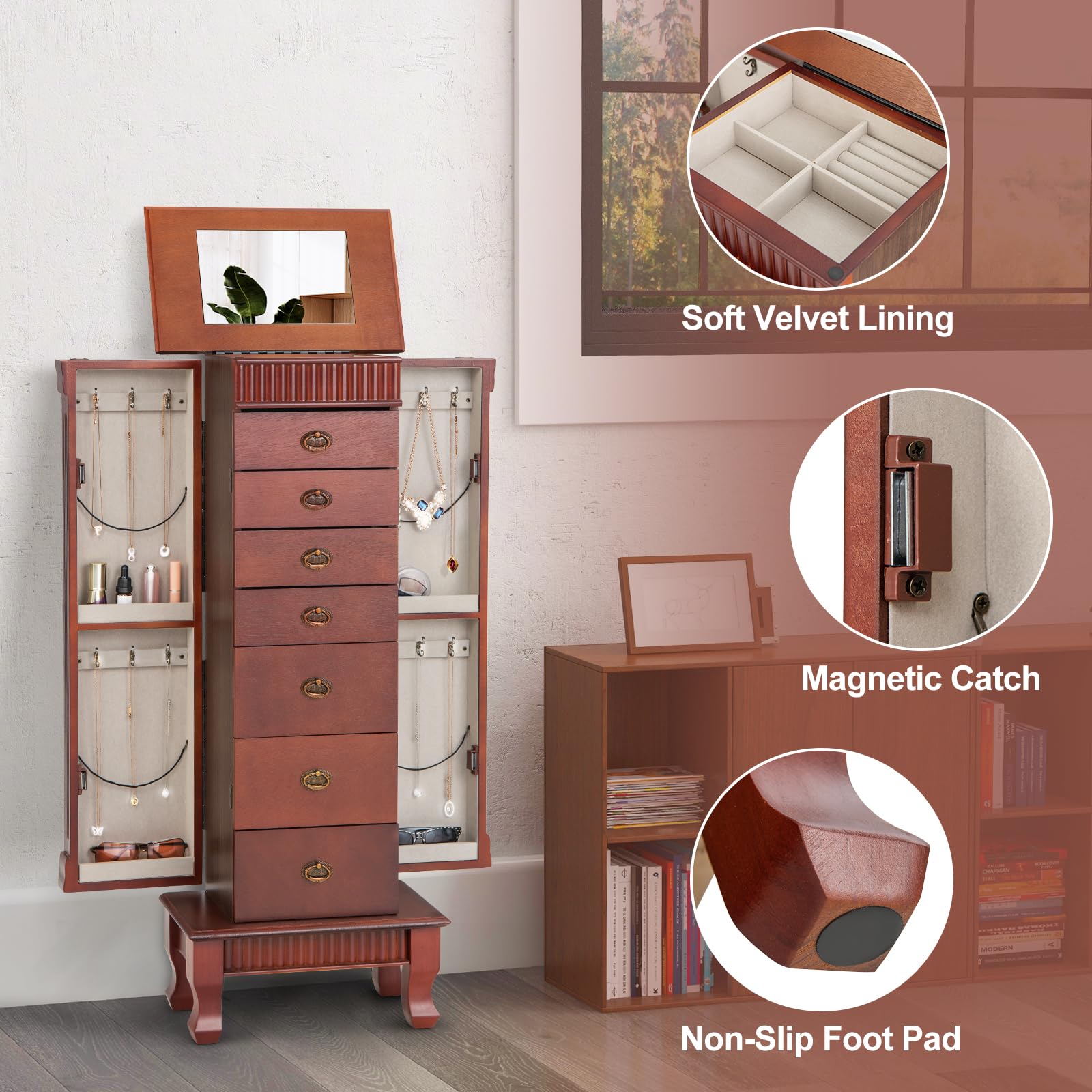 Giantex Large Standing Jewelry Armoire Cabinet with 7 Drawers & 2 Doors - Jewelry Storage Organizer with 12 Necklace Hooks, Makeup Mirror & Top Compartment - Perfect for Bedroom, Closet & Dressing Room Organization