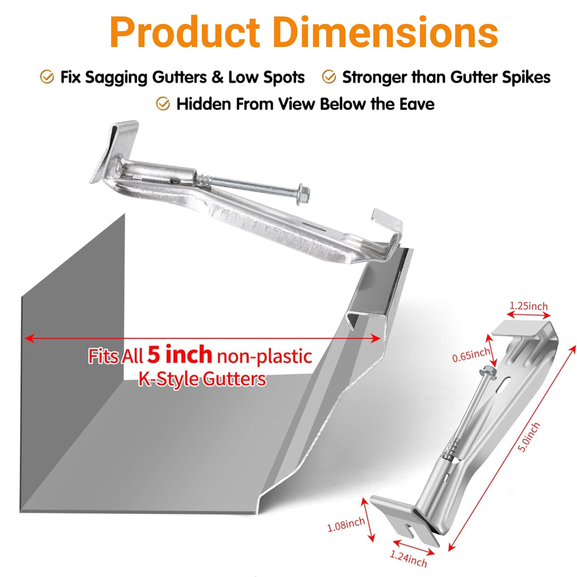 25 Pack 5 Inch Aluminum Gutter Hangers with 6 Inch Drill Bit - Heavy Duty Hidden Gutter Brackets & Pre-Inserted Screws for Sagging Rain Gutter Repair - Perfect for Home Roof Drainage System Maintenance