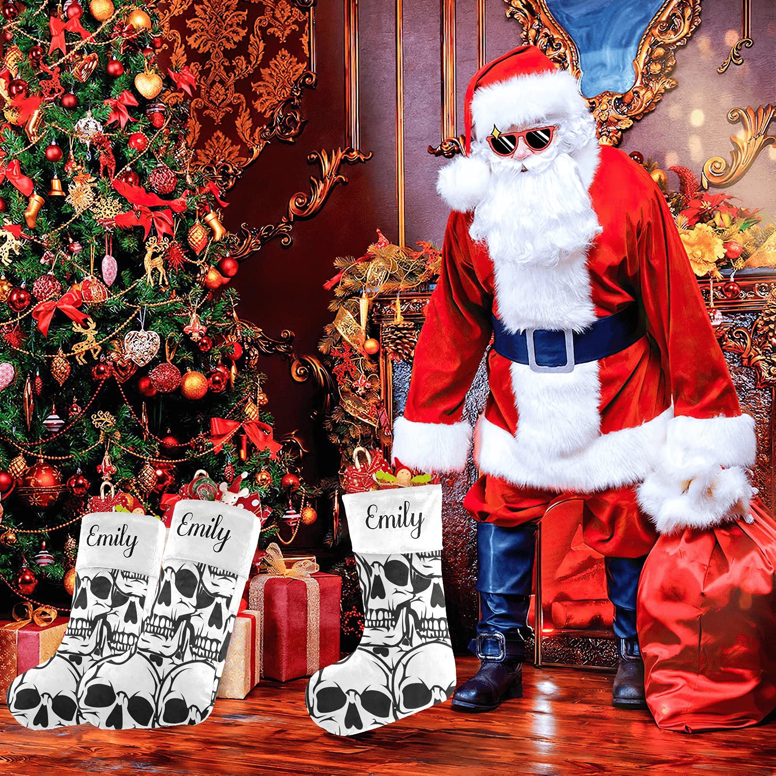 Personalized Black Skull Christmas Stockings - Custom Name Embroidered Holiday Decor (17.52x7.87 Inch) - Perfect for Gothic Xmas, Halloween-Christmas Transition & Alternative Holiday Gift Giving