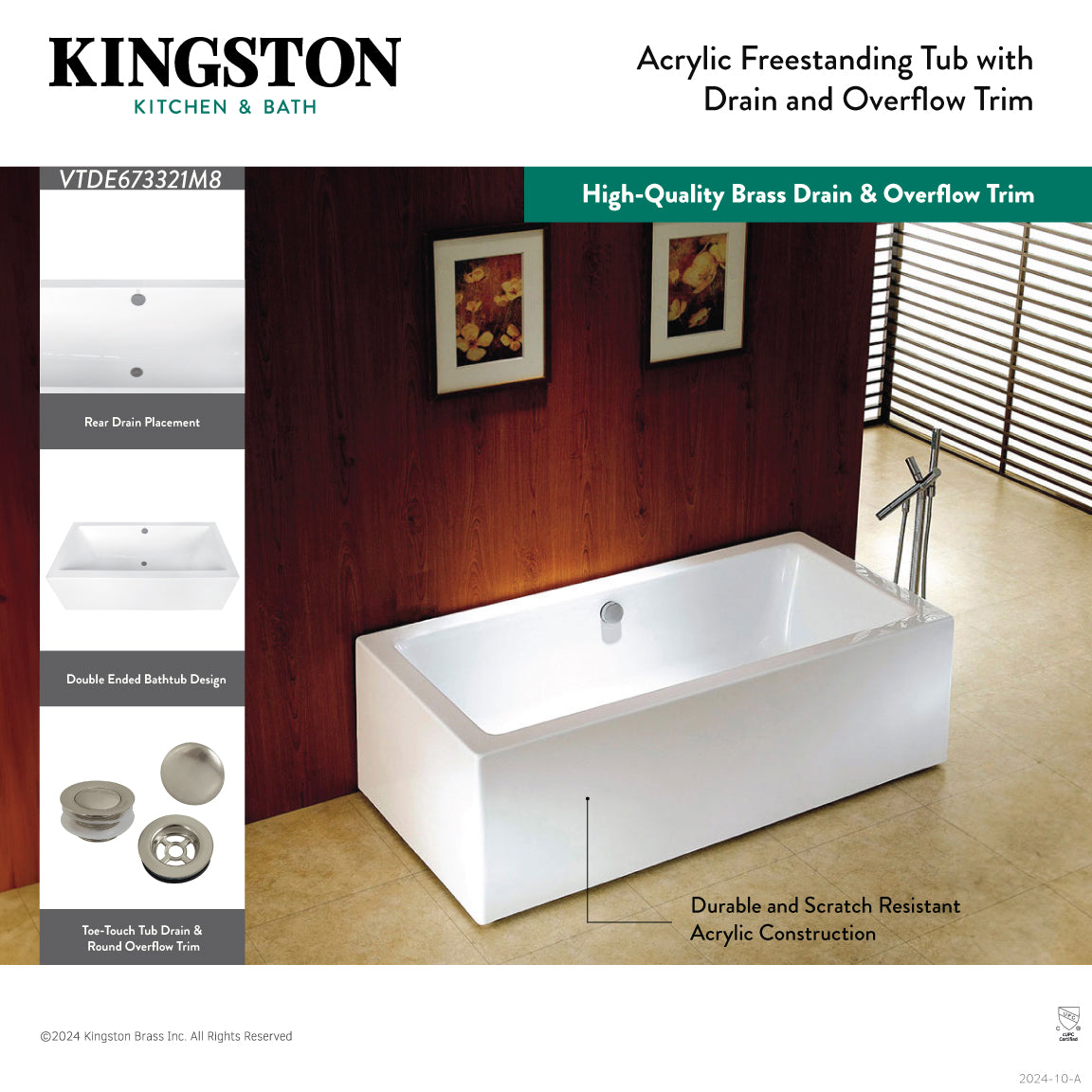 Aqua Eden 67-Inch Acrylic Freestanding Bathtub - Rectangular Double-Ended Soaking Tub with Overflow Drain, Glossy White & Brushed Brass Finish | Perfect for Luxury Bathrooms, Spa Retreats & Master Suites