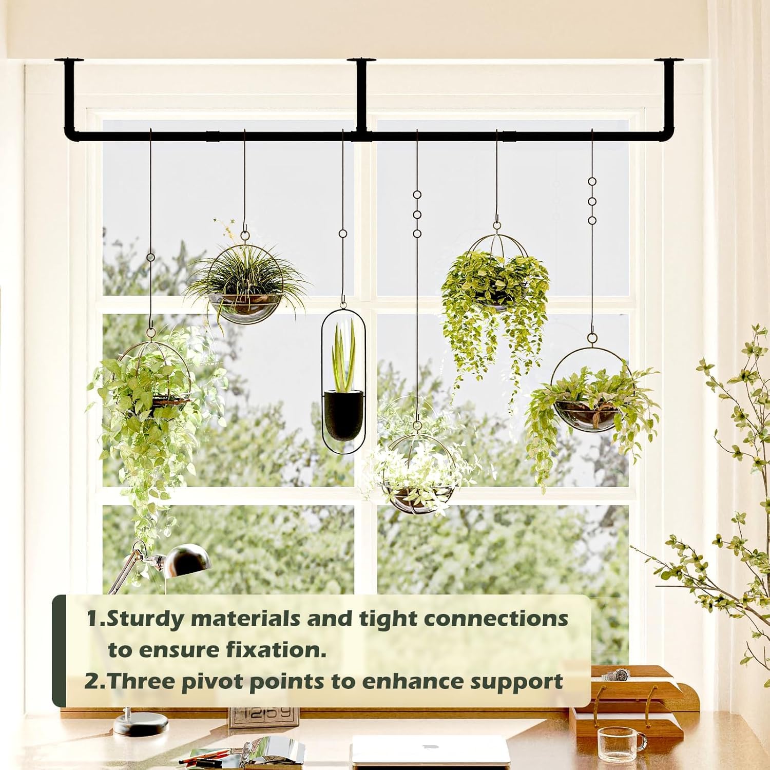 6-Chain Black Metal Indoor Plant Hanger - Window Hanging Planter Holder with Adjustable Rod for Pothos, Spider Plants & Ferns (Pots Not Included) - Perfect for Living Room, Bedroom & Balcony Decor