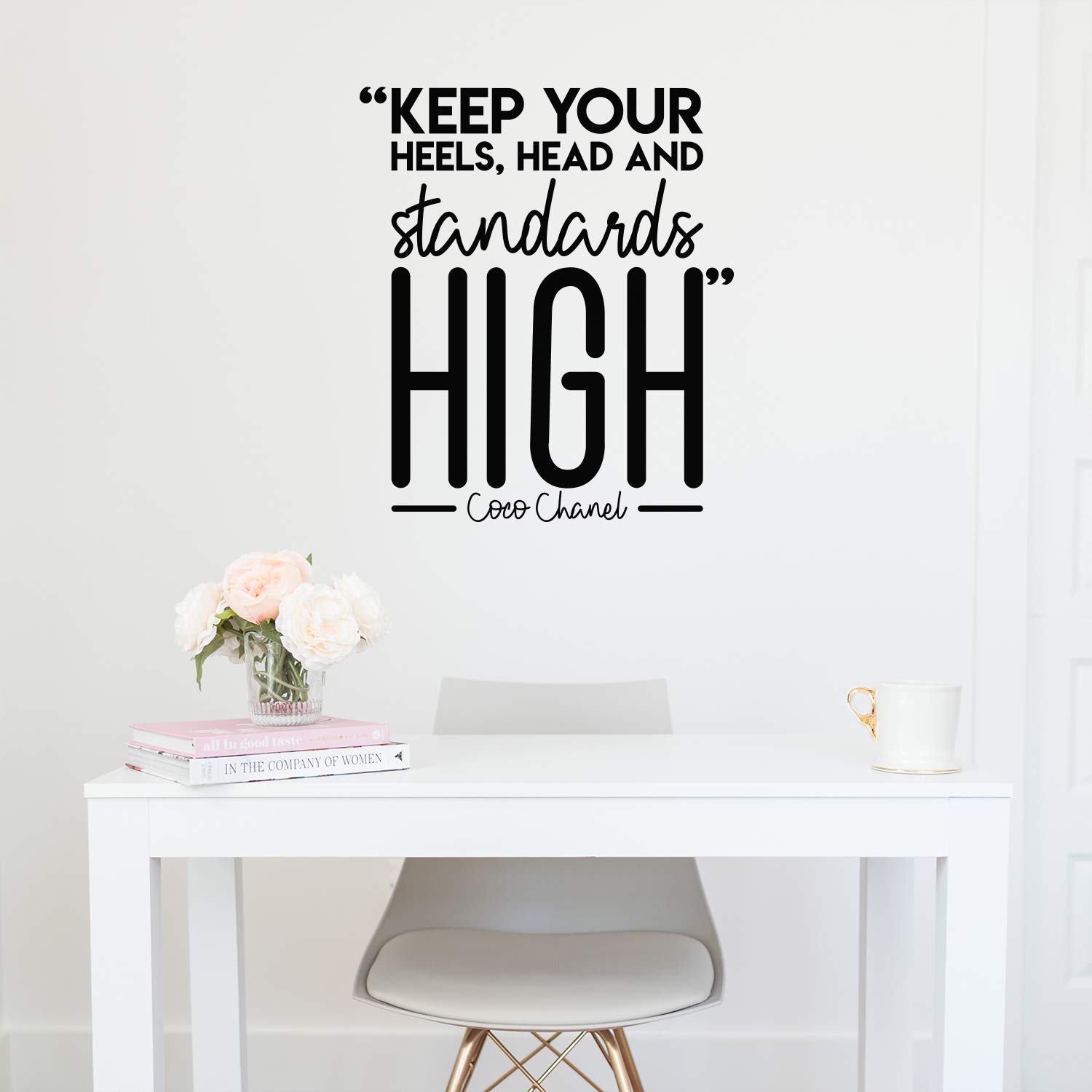 Vinyl Wall Art Decal - 'Keep Your Heels, Head and Standards High' - 26x22 Inch Inspirational Quote Sticker for Women - Trendy Chic Home Decor for Bedroom, Closet, Living Room & Office - Motivational Wall Decoration for Girls Room & Feminine Spaces (Black)