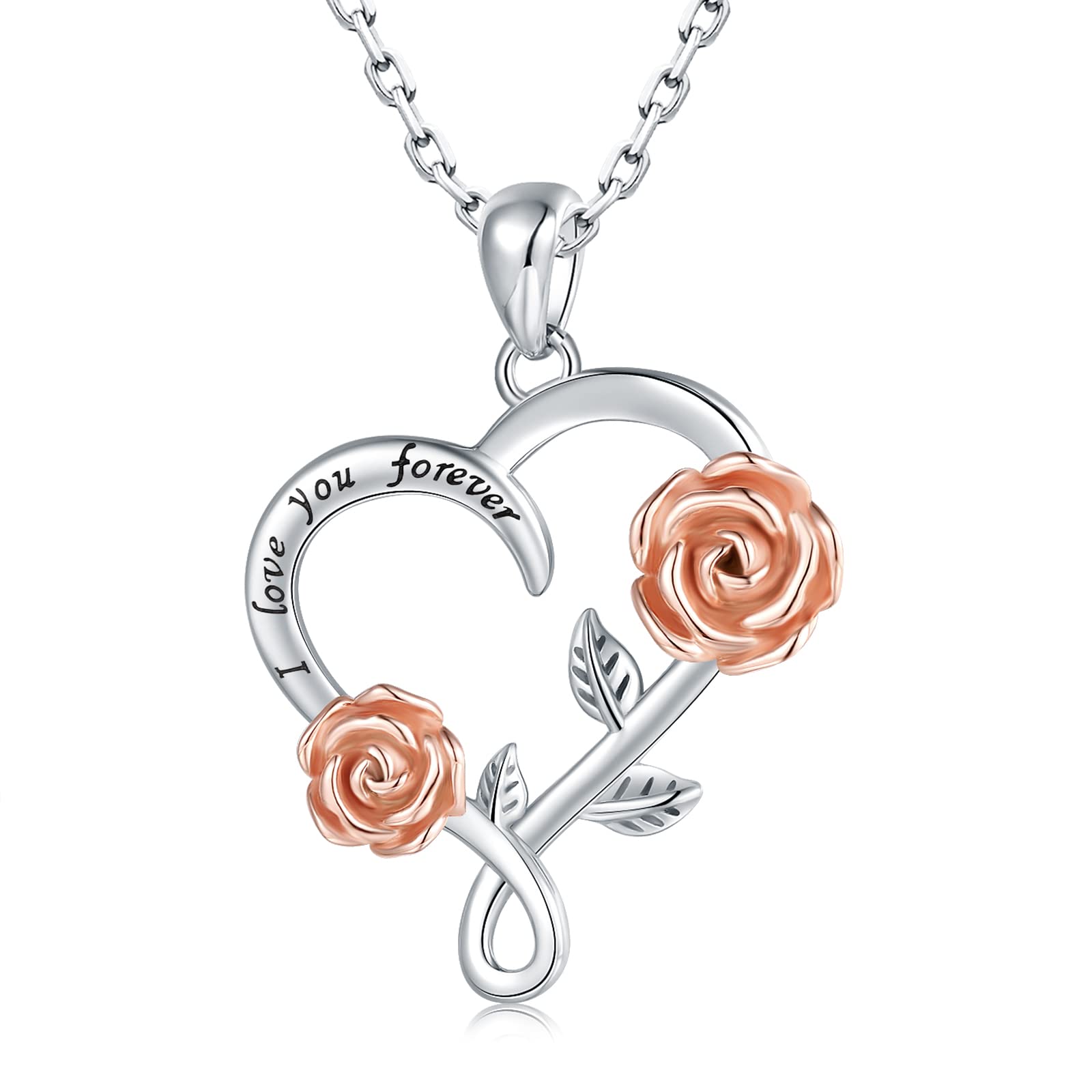 925 Sterling Silver Rose Necklace for Women - Two-Tone Rose Heart Pendant with Rose Gold Flower, Valentines Day Birthday Gifts for Daughter, Wife, Girlfriend | Elegant Jewelry for Date Night, Anniversary, Wedding, and Special Occasions