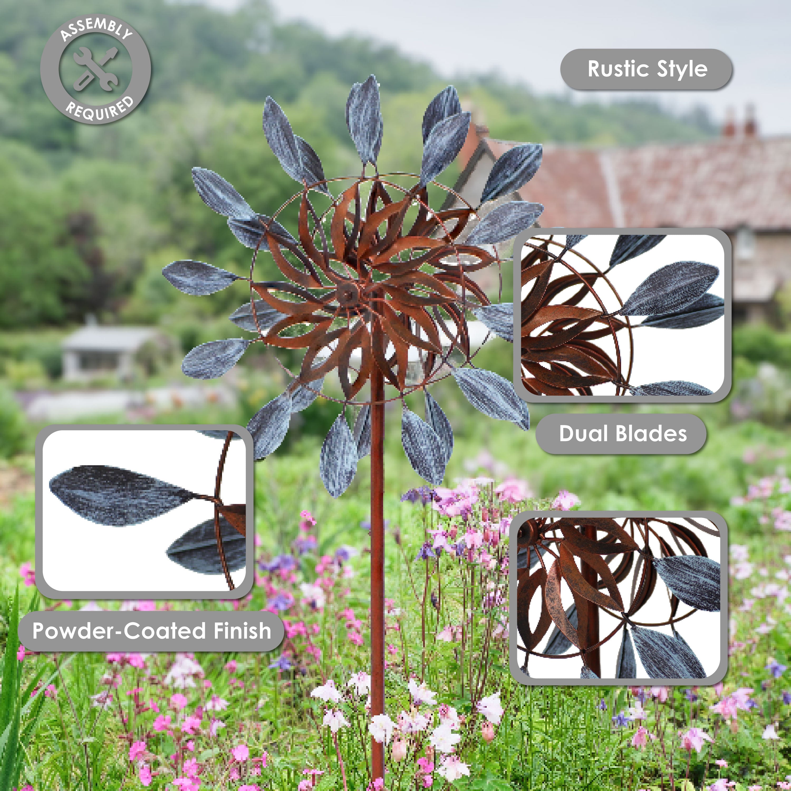 Sunnydaze Whirling Petals Metal Garden Wind Spinner - 48 Inch Outdoor Decorative Windmill for Yard, Patio, Lawn - Durable Weather-Resistant Spinning Art for Garden Decor