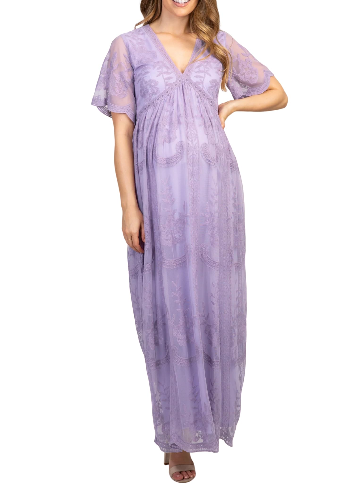 Elegant Embroidered Lace Maternity Dress for Women - V-Neck Long Maxi Gown for Baby Shower, Wedding & Photoshoot (Lavender) | Perfect for Maternity Photos, Bridal Events & Special Occasions