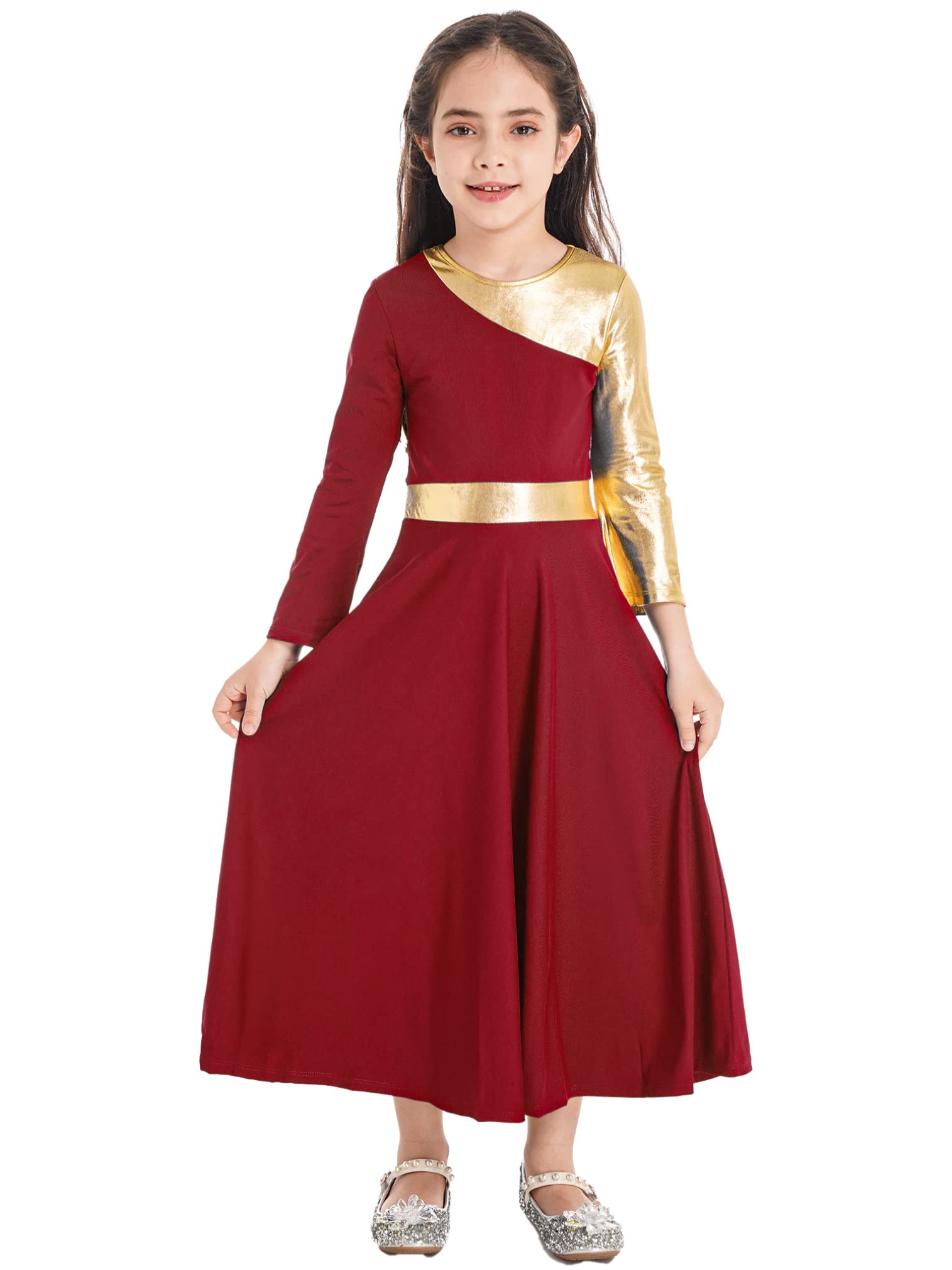 Girl's Metallic Gold Color Block Praise Dance Dress - Christian Worship Lyrical Dancewear Tunic for Performances & Church Events