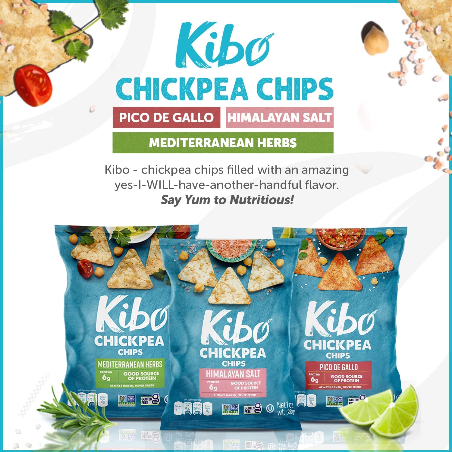 Kibo Chickpea Chips 3 Flavor Variety Pack - High Protein & Fiber, Gluten-Free, Vegan Snacks, Non-GMO, Plant-Based, Made with Real Vegetables - 1oz Bags (18 Pack) | Healthy On-The-Go Snacking, Office Lunch, School Treats & Road Trips